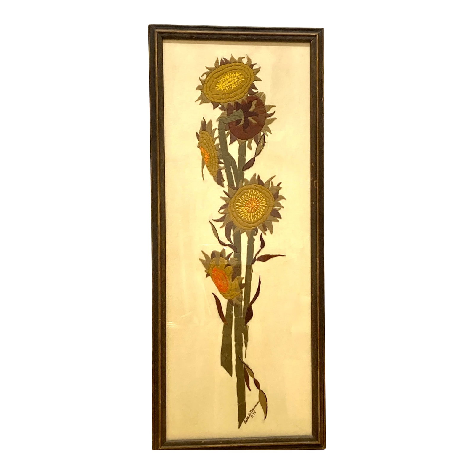 Long 1970s Framed Wall Art | Embroidered Sunflowers: Vintage crewel embroidery of sunflowers, design by Paragon Needlecraft (in collaboration with Good Housekeeping magazine) and signed/dated by artist in 1975 Condition: Good vintage condition, Wood fra