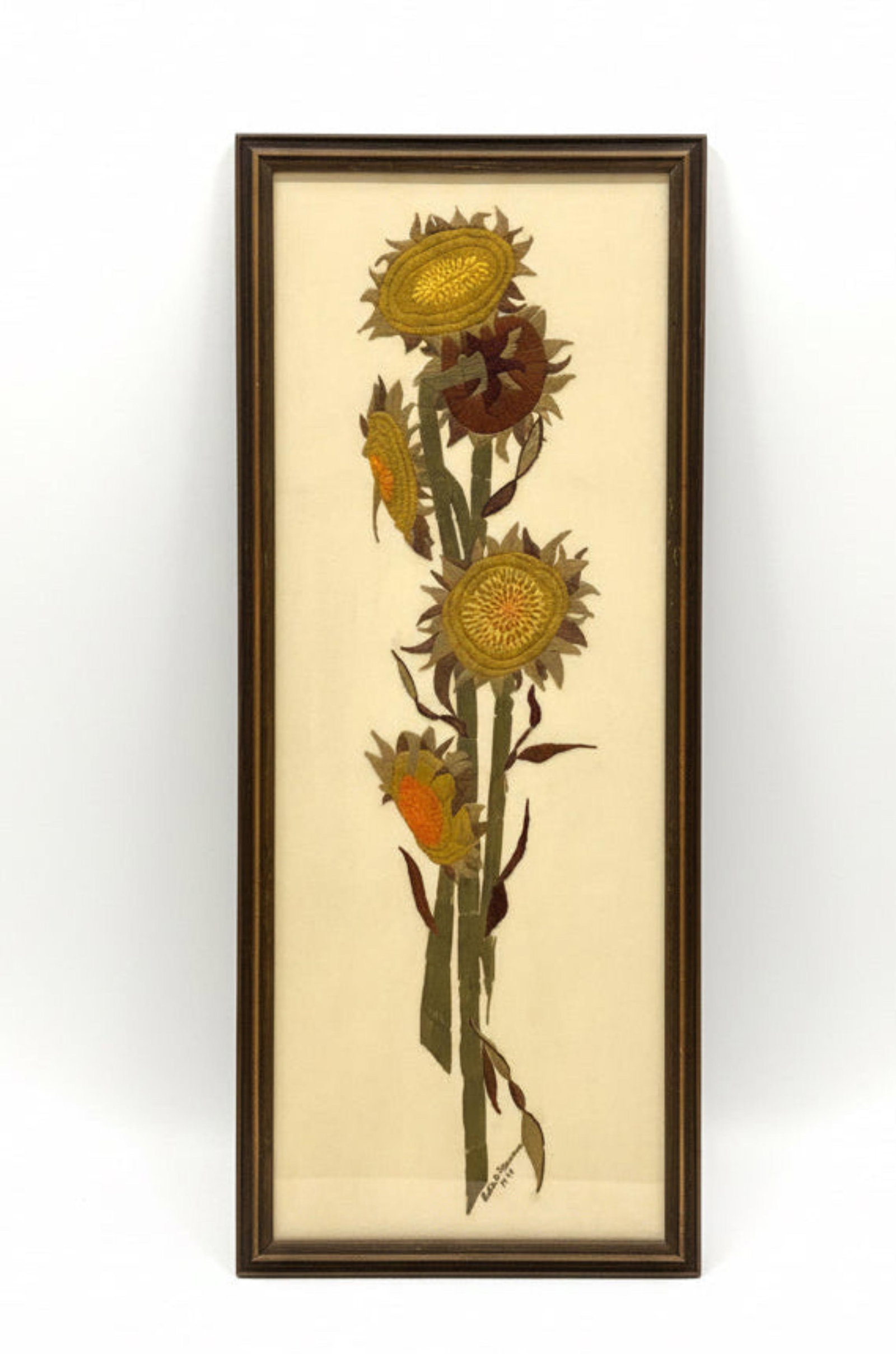 Long 1970s Framed Wall Art | Embroidered Sunflowers - 2