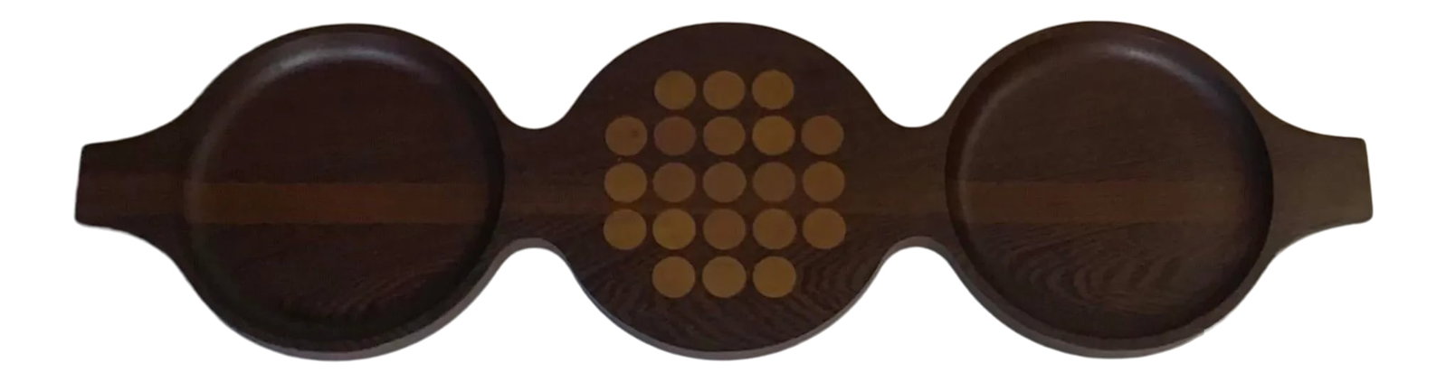 Circa 1965 Skjode Skjern Danmark Triple Gourd Serving Tray: Rare, mid-century modern gorgeous, impressive scale 36" long "Triple Gourd" serving tray in wenge and oak by Skjode Skjern, Danmark. Polka dotted cutting board with beech or oak inlaid in center.