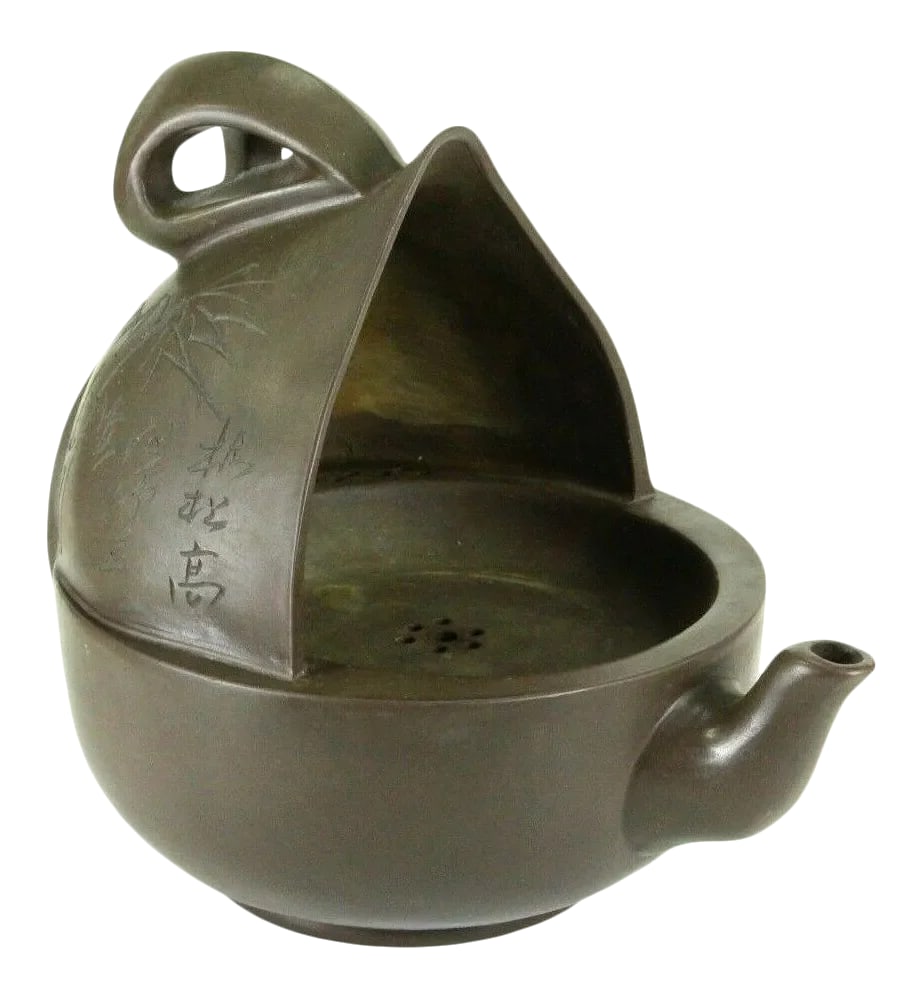 Antique Chinese Yixing Tea Pot & Warmer Brown / Purple Clay Pottery: A very unusual Chinese tea vessel It looks like a teapot and a pitcher joined together The top of the "teapot" has some pierced holes and it looks like a place to put a teacup to stay warm Made of