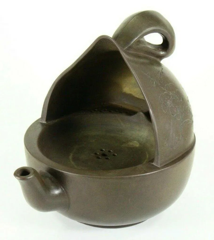 Antique Chinese Yixing Tea Pot & Warmer Brown / Purple Clay Pottery - 4