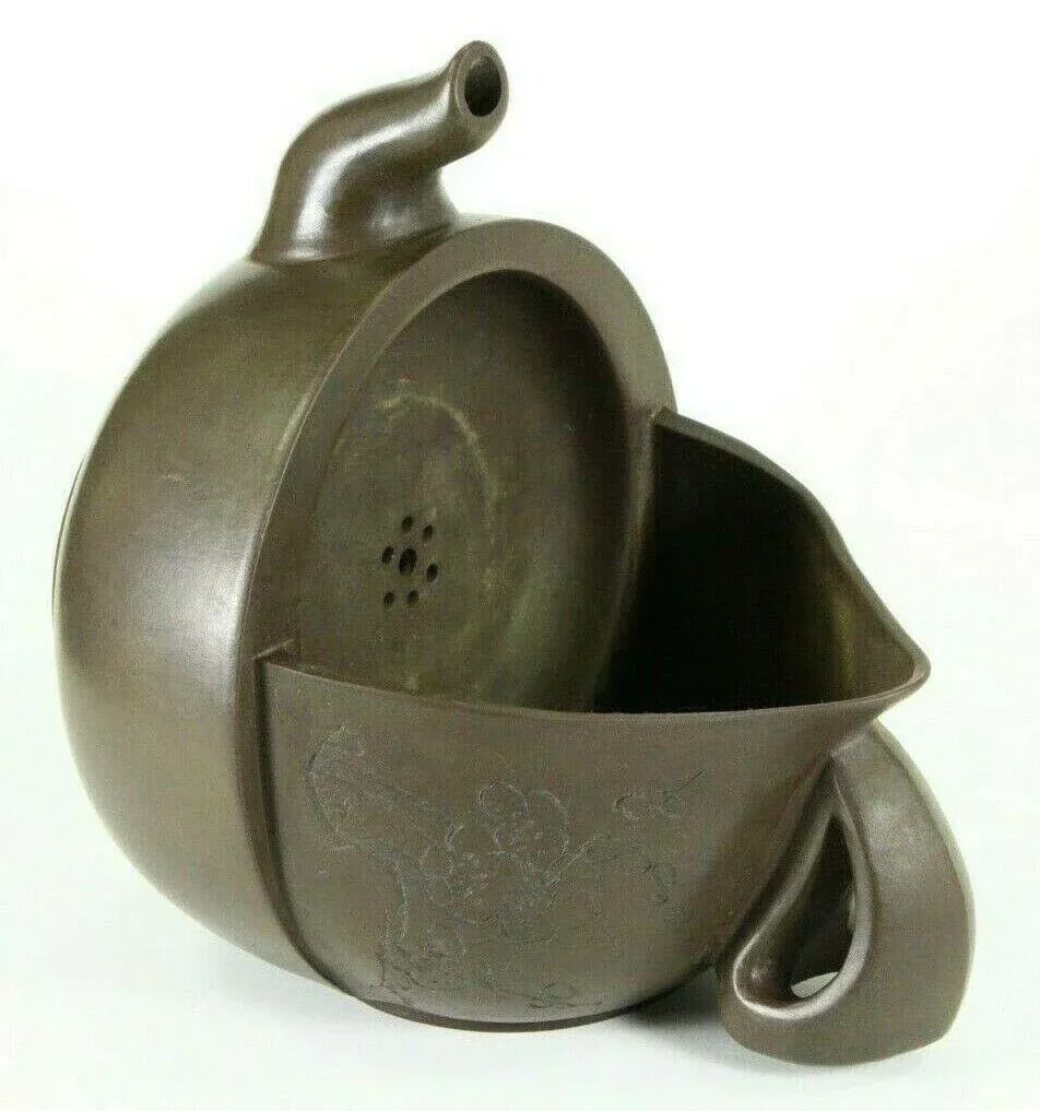 Antique Chinese Yixing Tea Pot & Warmer Brown / Purple Clay Pottery - 9