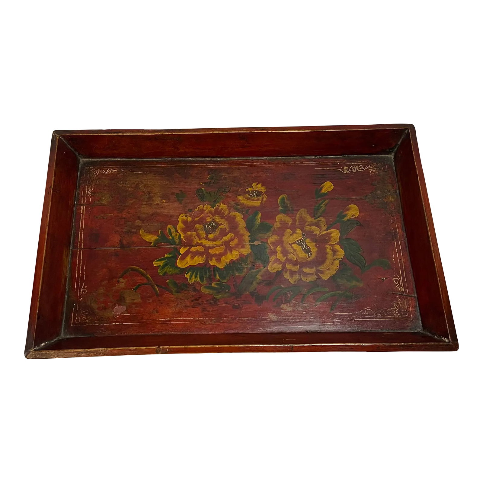 Mid 20th Century Chinese Table Tray With Painted Floral Accents: This is a beautifully decorative antique Chinese tray with painted floral accents from mid 20th century. Solid design and build. Condition: Alterations: Original Condition Unaltered Imperfections: