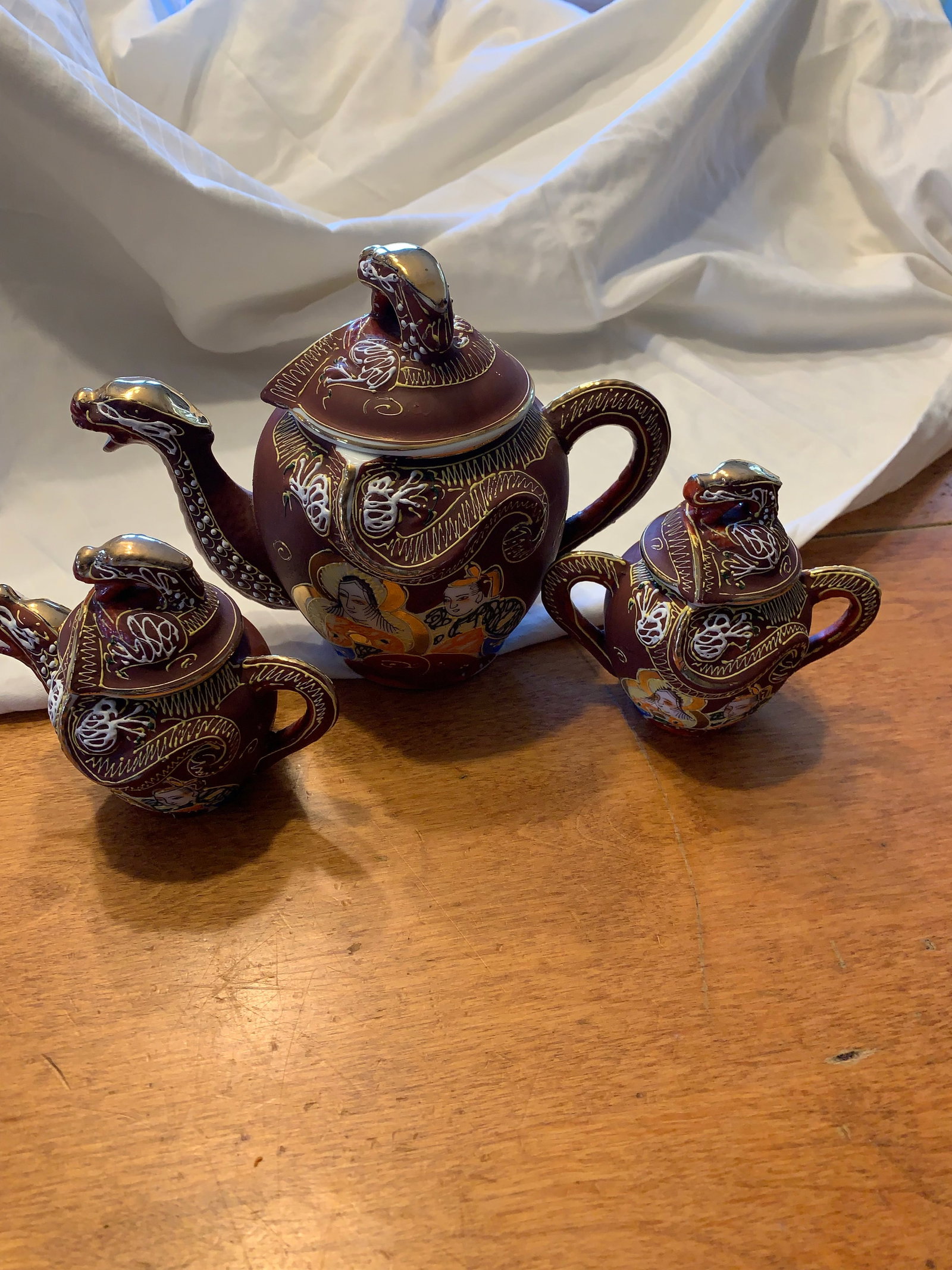 Mid 20th Century Japanese Dragonware Moriage Tea Set Kutani Lithophane Serves 8 - 12
