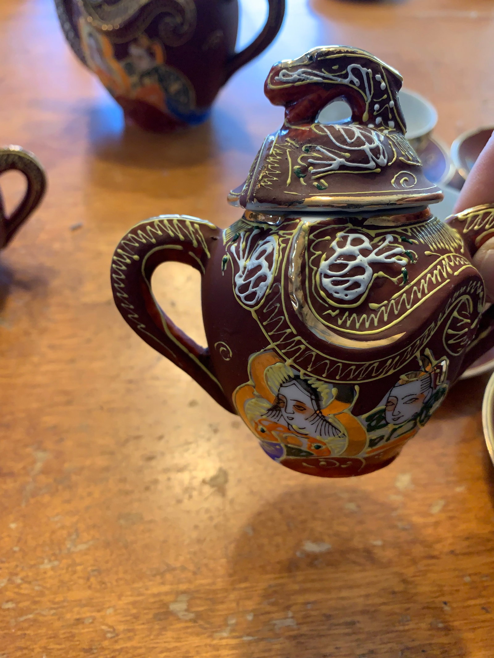 Mid 20th Century Japanese Dragonware Moriage Tea Set Kutani Lithophane Serves 8 - 3