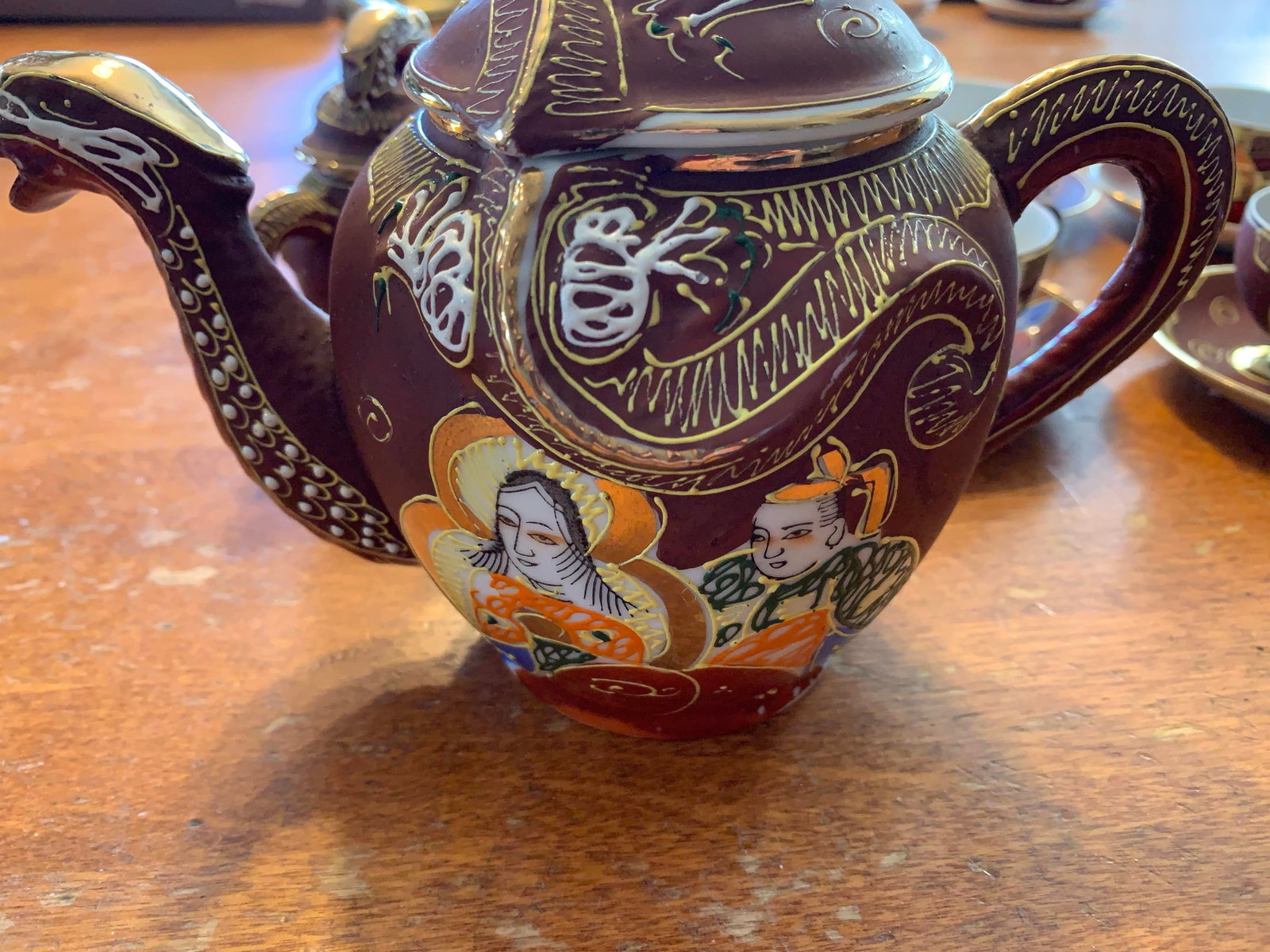 Mid 20th Century Japanese Dragonware Moriage Tea Set Kutani Lithophane Serves 8 - 8
