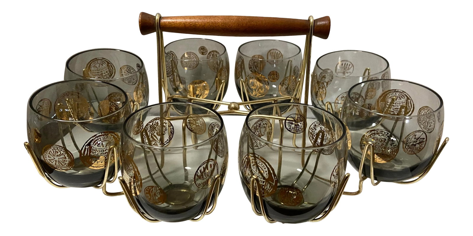 Mid-Century Roly Poly Rock Glasses & Holder King Coin Set- 9 Pieces: Vintage mid-century roly poly rock glasses With wood handle holder Great for entertaining Condition: Alterations: Unknown Imperfections: Some Imperfections Condition Notes: Minor age wear Pictures