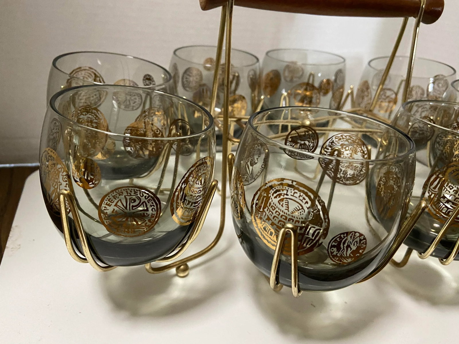 Mid-Century Roly Poly Rock Glasses & Holder King Coin Set- 9 Pieces - 2