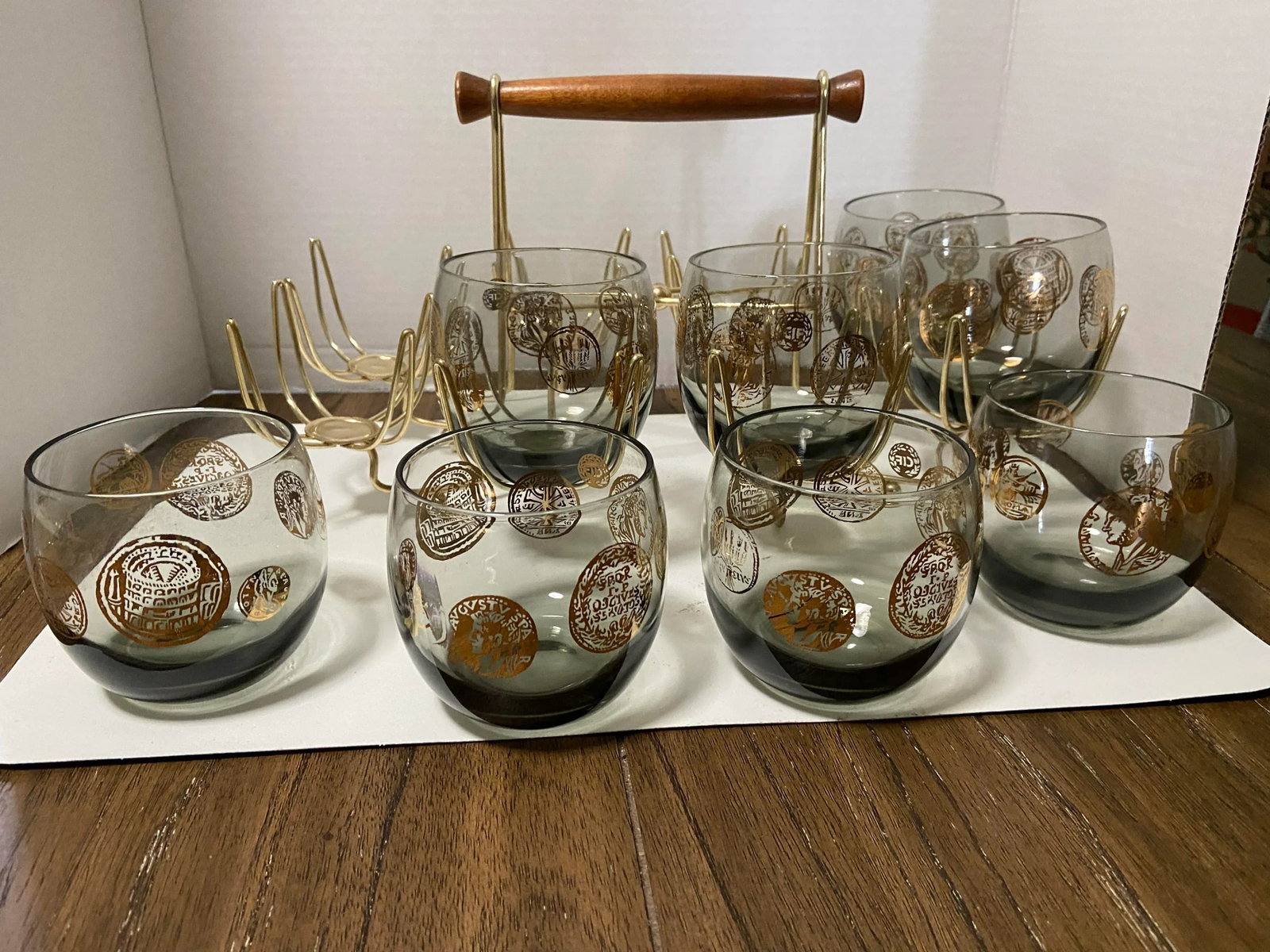 Mid-Century Roly Poly Rock Glasses & Holder King Coin Set- 9 Pieces - 5