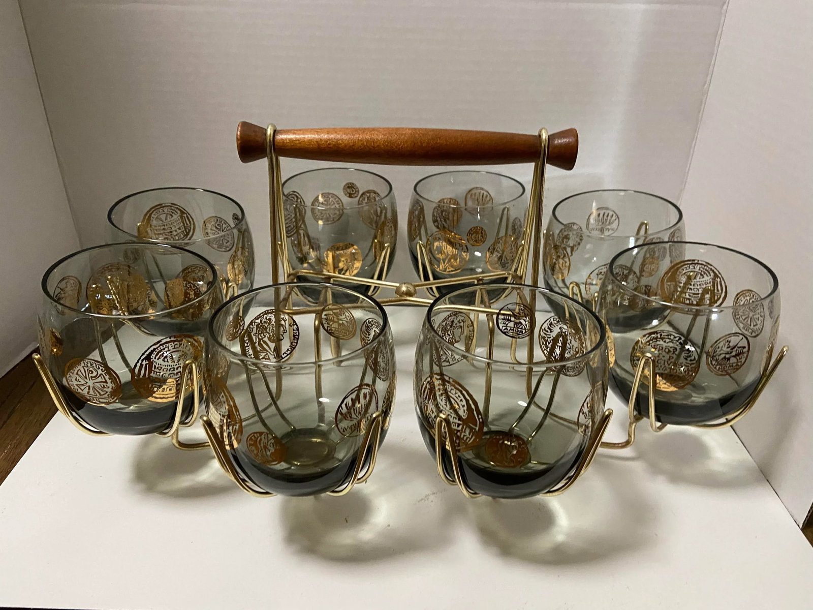 Mid-Century Roly Poly Rock Glasses & Holder King Coin Set- 9 Pieces - 6