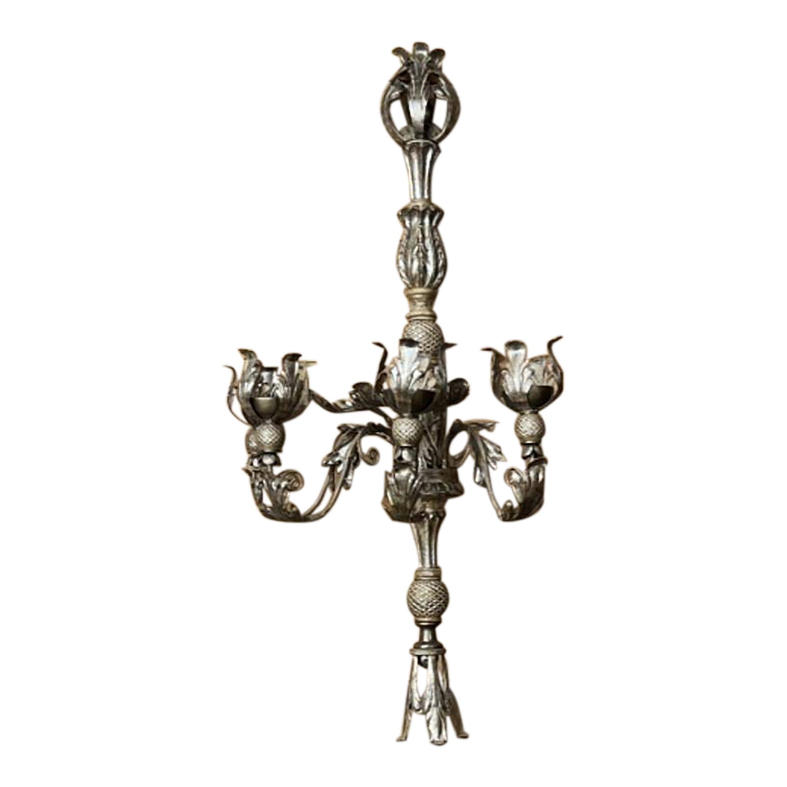 Large Vintage Ornate Metal Wall Candelabra, European Hollywood Regency Style: A large-scale vintage wall-mounted candelabra featuring ornate cast metal construction, scrolling arms, floral candle cups, and rich decorative detailing throughout. Measuring approximately 48 inches 
