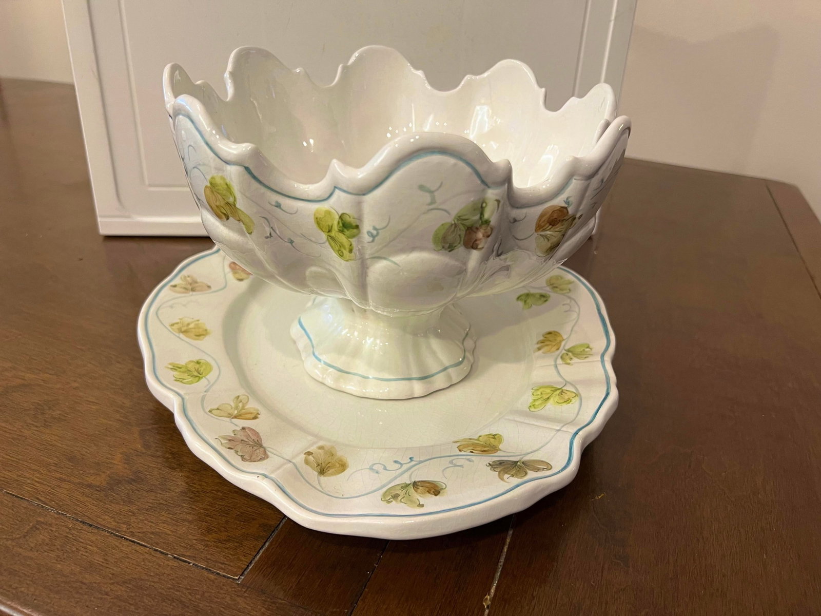 Vintage Italian Ceramic Footed Punch Bowl & Platter -2pc - 6