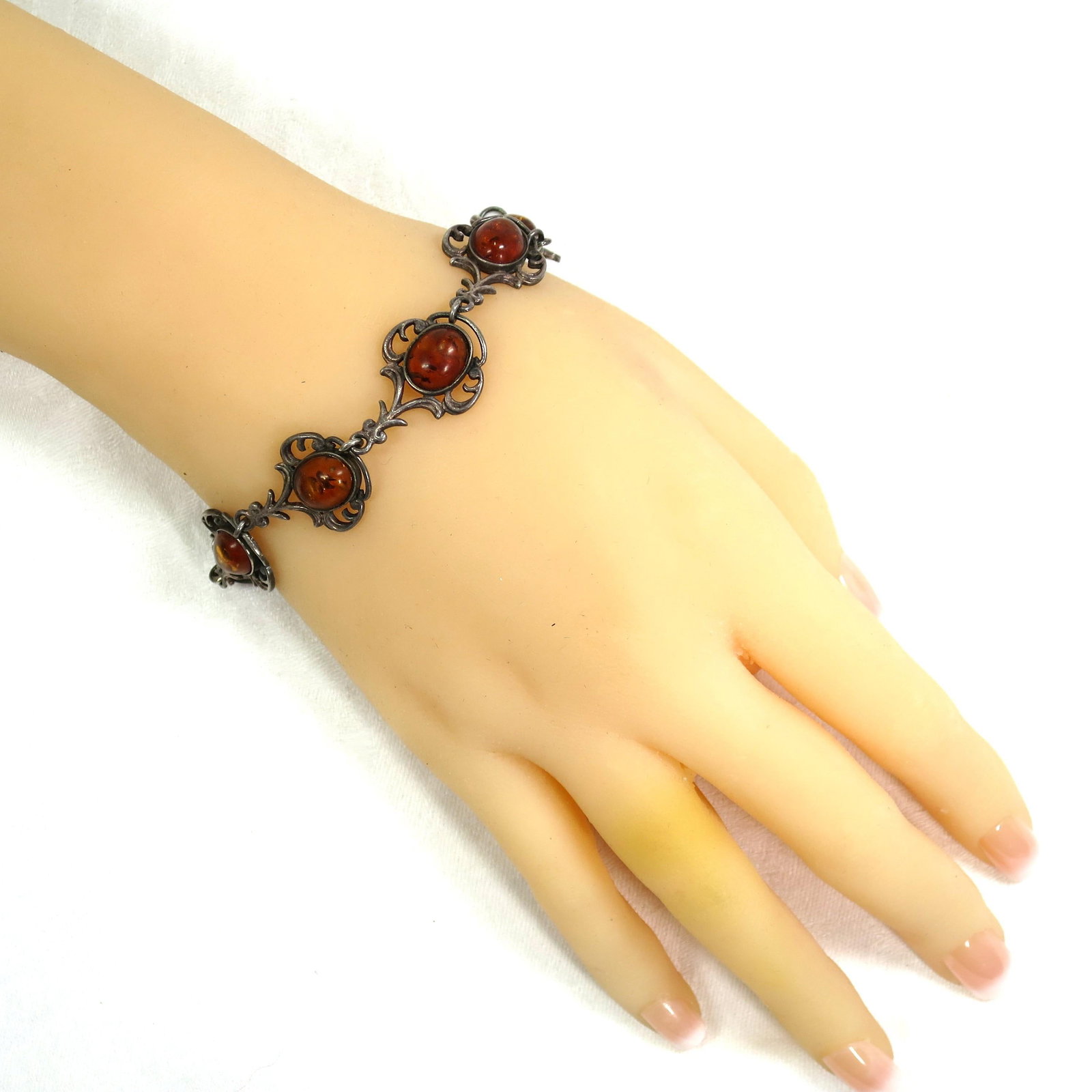 Antique Edwardian Sterling Amber Bracelet 1900s - 8