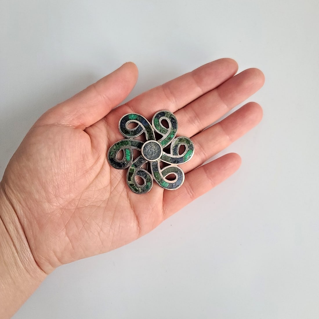 1970s Los Castillo Mexico Turquoise Malachite Lapis Swirl Sterling Brooch - 7