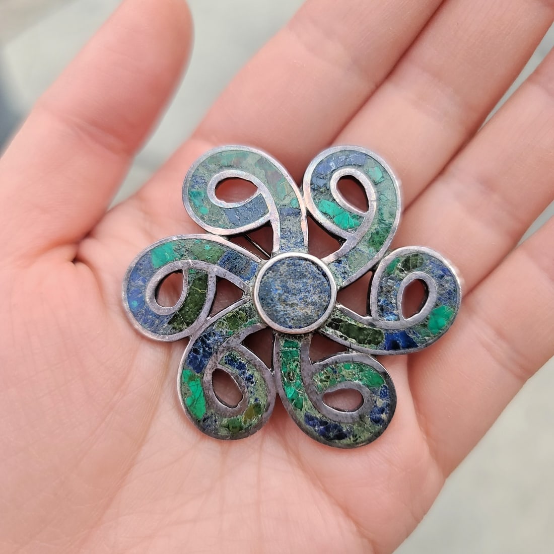 1970s Los Castillo Mexico Turquoise Malachite Lapis Swirl Sterling Brooch - 8
