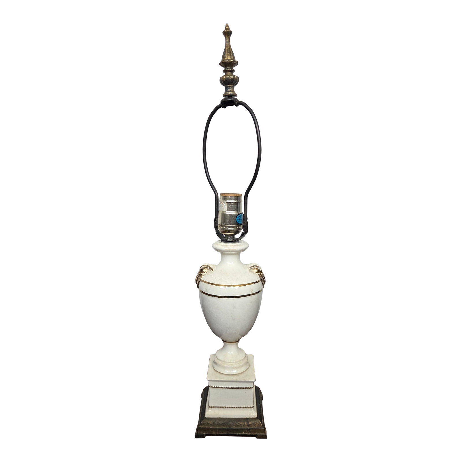 1930s Neoclassical Regency Davart Ceramic & Brass Ram's Head Urn Table Lamp: This striking vintage table lamp embodies the timeless elegance of Neoclassical Revival design, blending classical symbolism with early 20th-century craftsmanship. The urn-form ceramic body is finishe