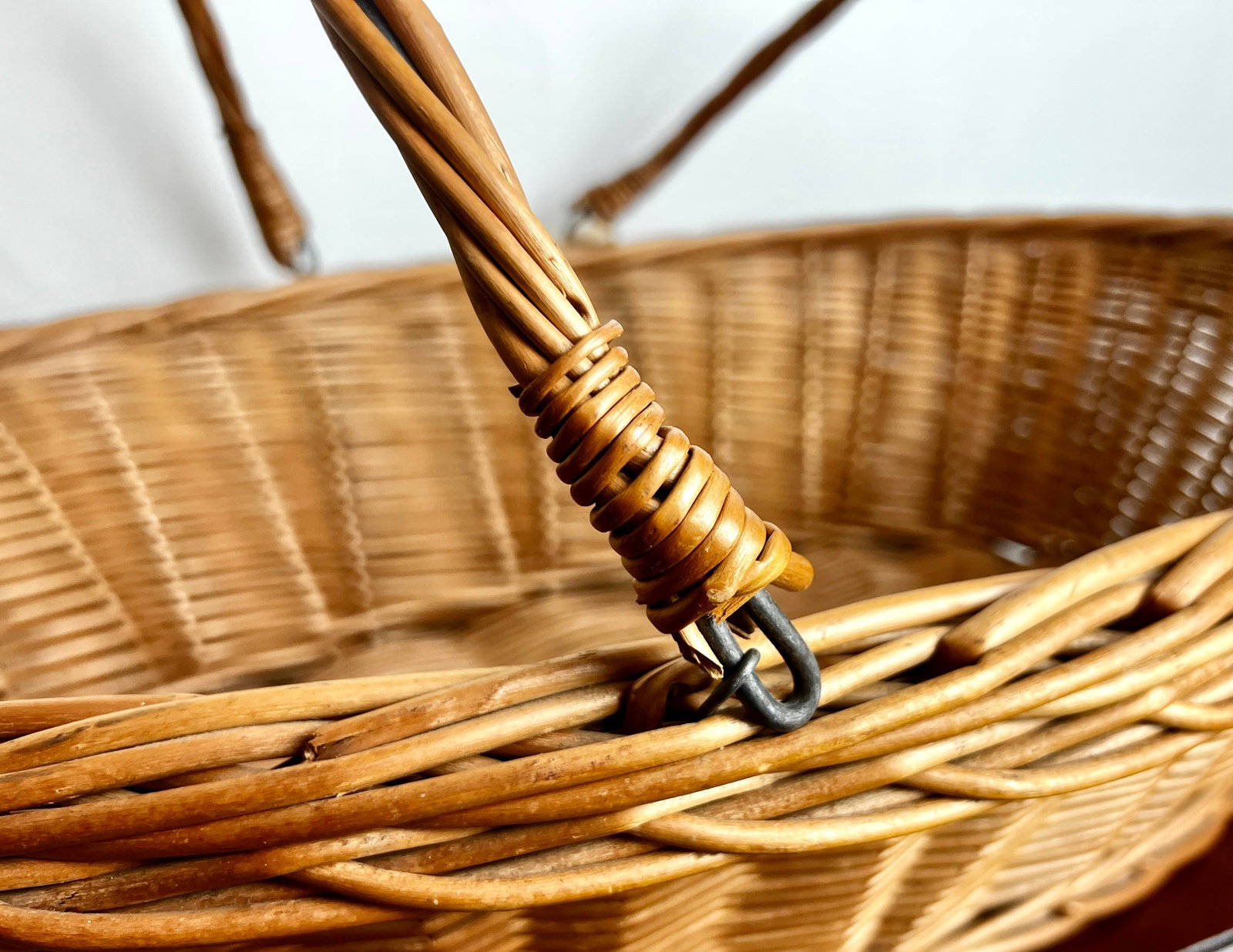 Antique French Willow Market Basket With Iron Swing Handles, C. 1890-1910 - 3
