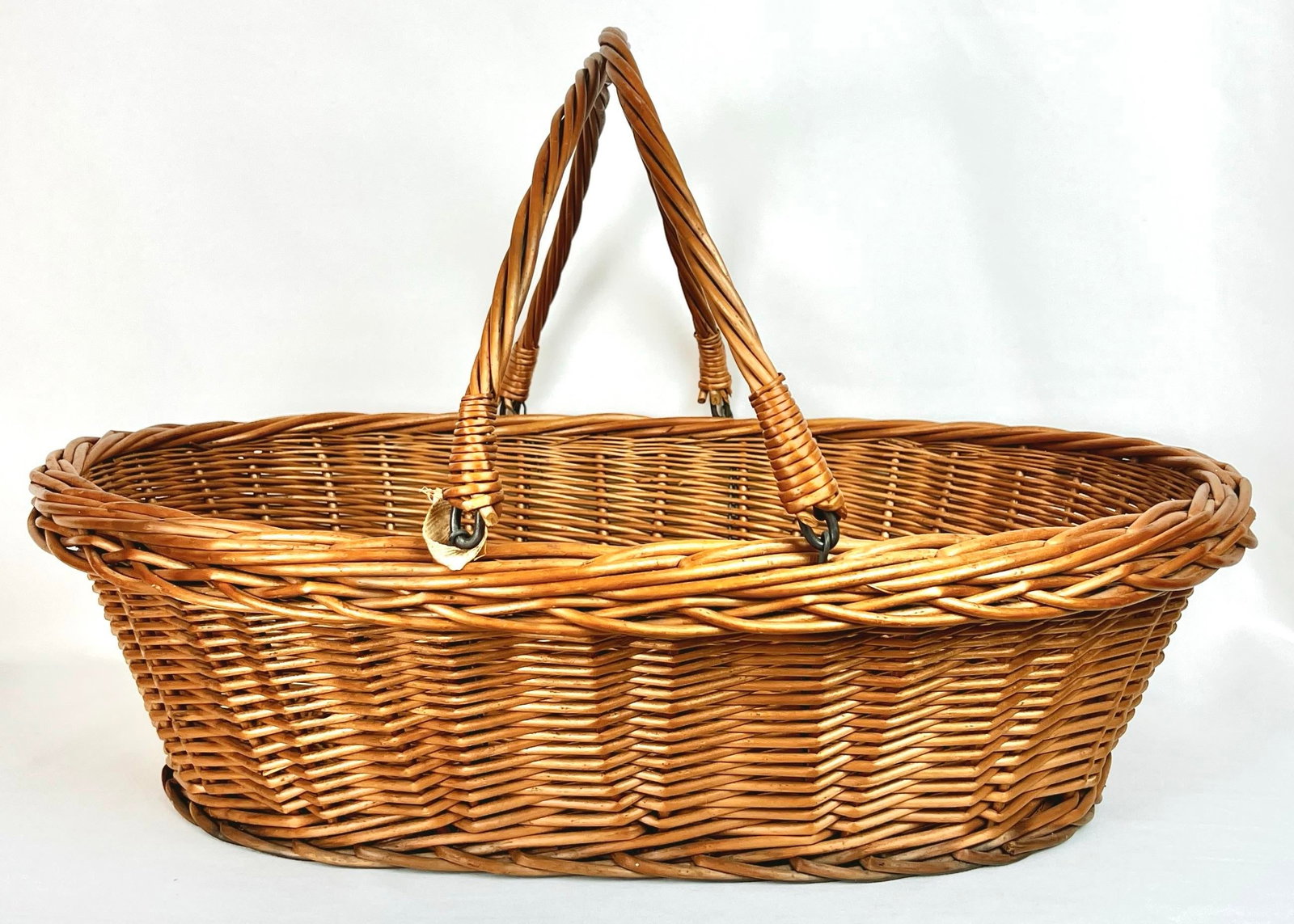 Antique French Willow Market Basket With Iron Swing Handles, C. 1890-1910 - 6