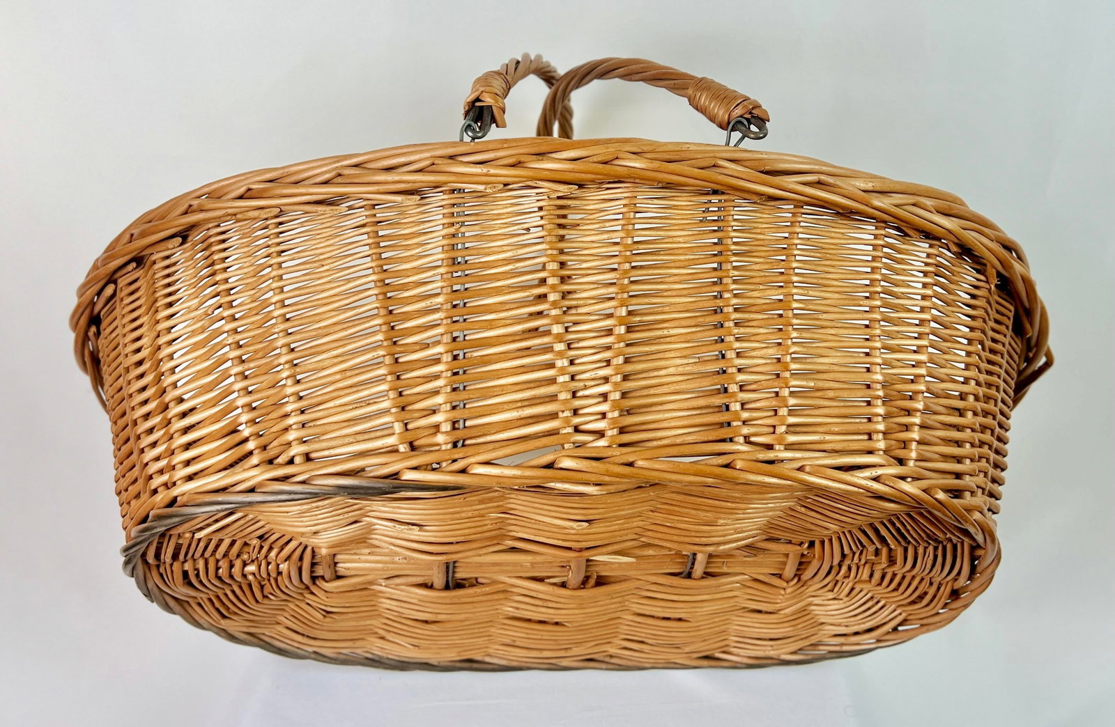 Antique French Willow Market Basket With Iron Swing Handles, C. 1890-1910 - 7