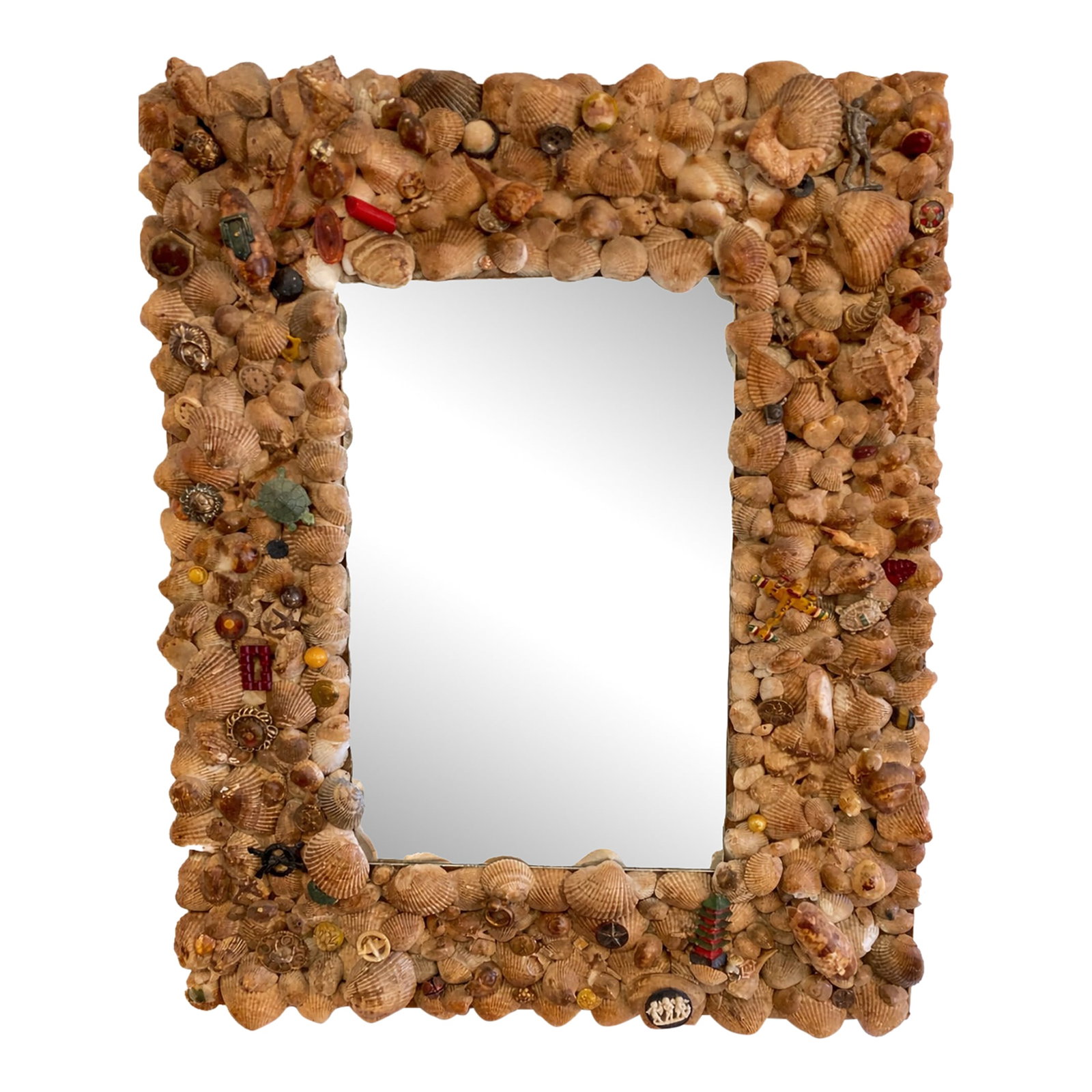 Handcrafted Vintage Seashell Wall Mirror, Coastal Folk Art: his striking seashell mirror is a true statement piece and a standout among curated vintage finds. The rectangular frame is entirely hand-adorned with an abundant assortment of natural seashells, each