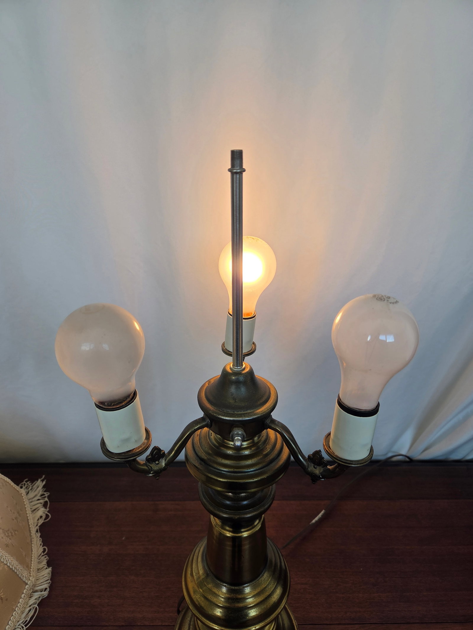 1940s Hollywood Regency Neoclassical Brass 3-Light Table Lamp W/ Fabric Fringe Shade - 10
