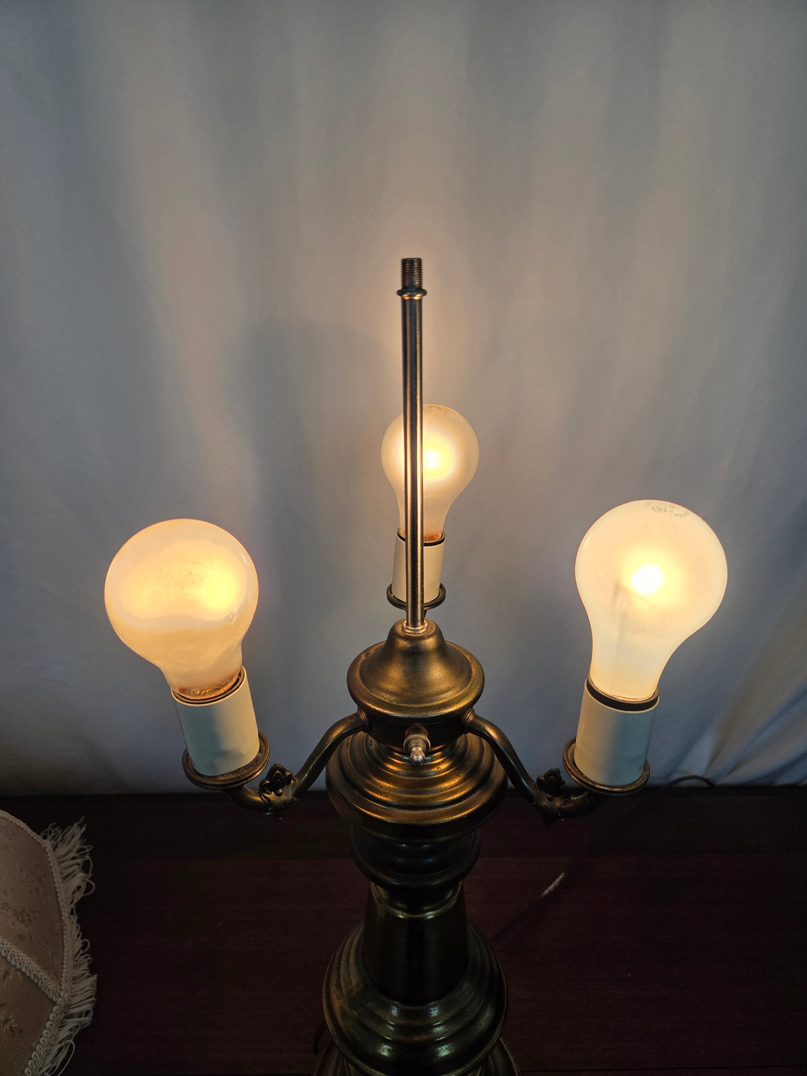 1940s Hollywood Regency Neoclassical Brass 3-Light Table Lamp W/ Fabric Fringe Shade - 12