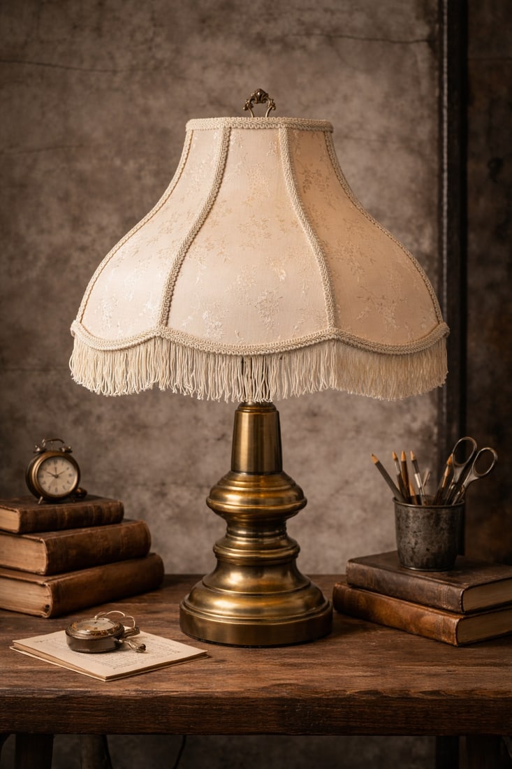 1940s Hollywood Regency Neoclassical Brass 3-Light Table Lamp W/ Fabric Fringe Shade - 2