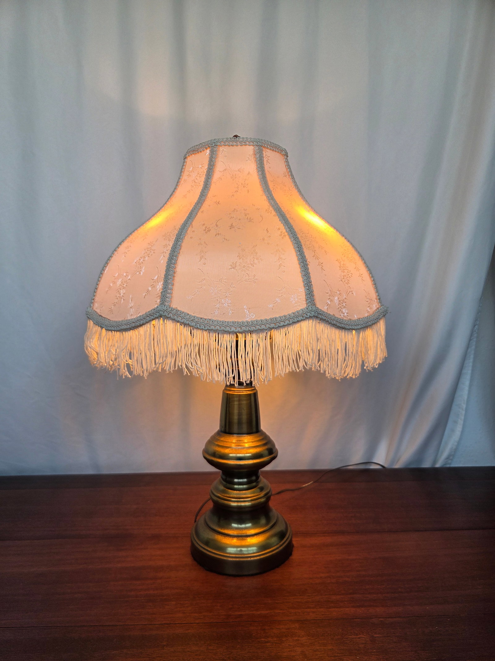 1940s Hollywood Regency Neoclassical Brass 3-Light Table Lamp W/ Fabric Fringe Shade - 3