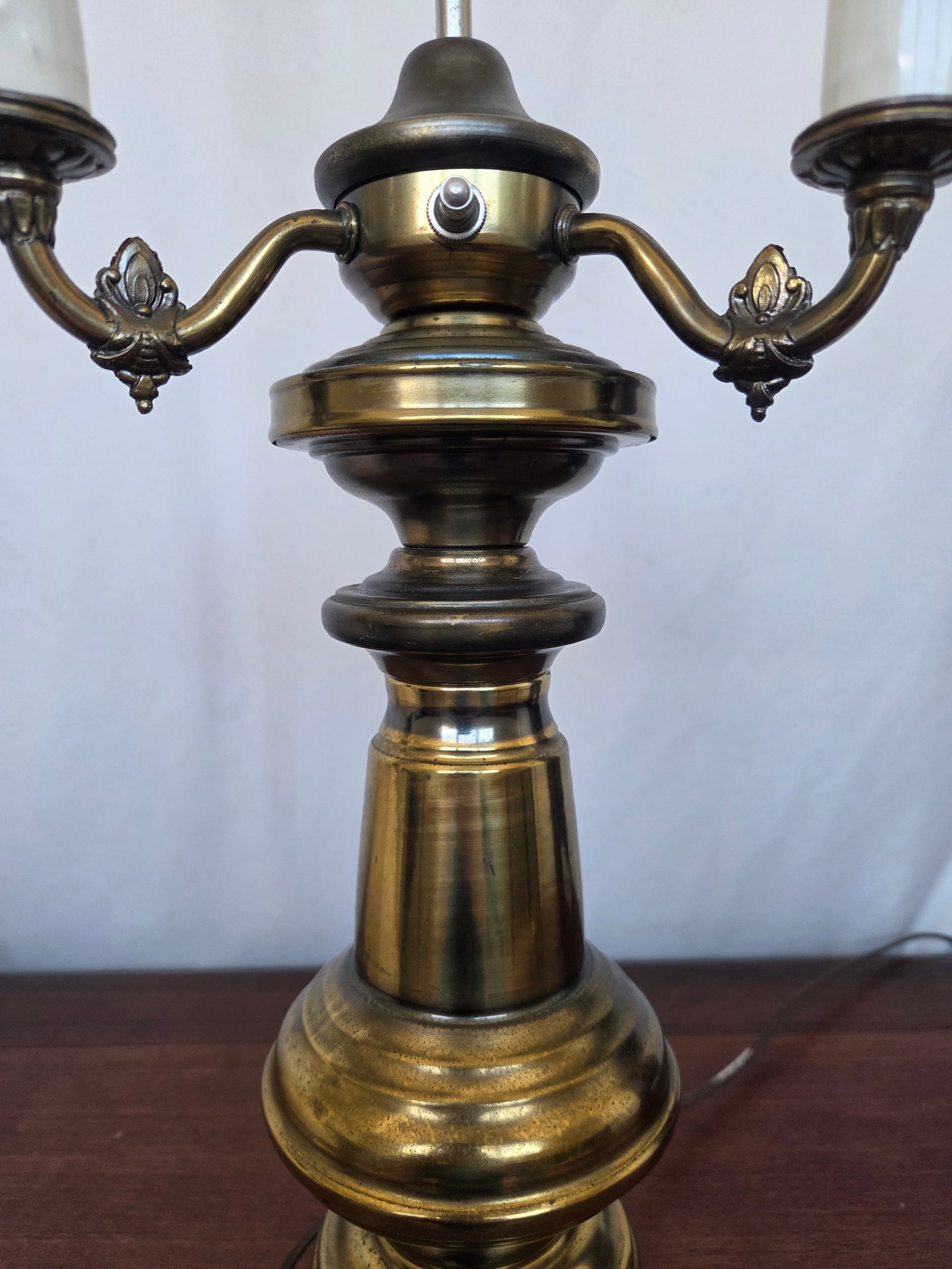 1940s Hollywood Regency Neoclassical Brass 3-Light Table Lamp W/ Fabric Fringe Shade - 5