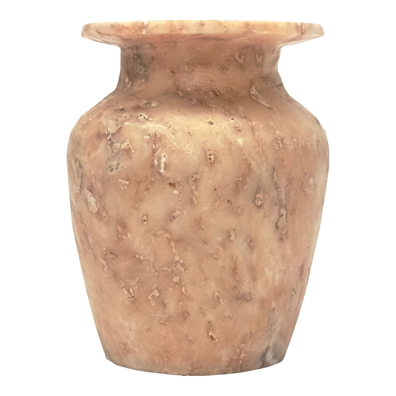Antique Hand-Carved Pink Alabaster Vessel, Egyptian: This is a stunning, antique, Egyptian alabaster hand-carved vessel. Crafted from warm, naturally veined, translucent stone, it features a beautifully flared rim and a softly contoured silhouette. Meas