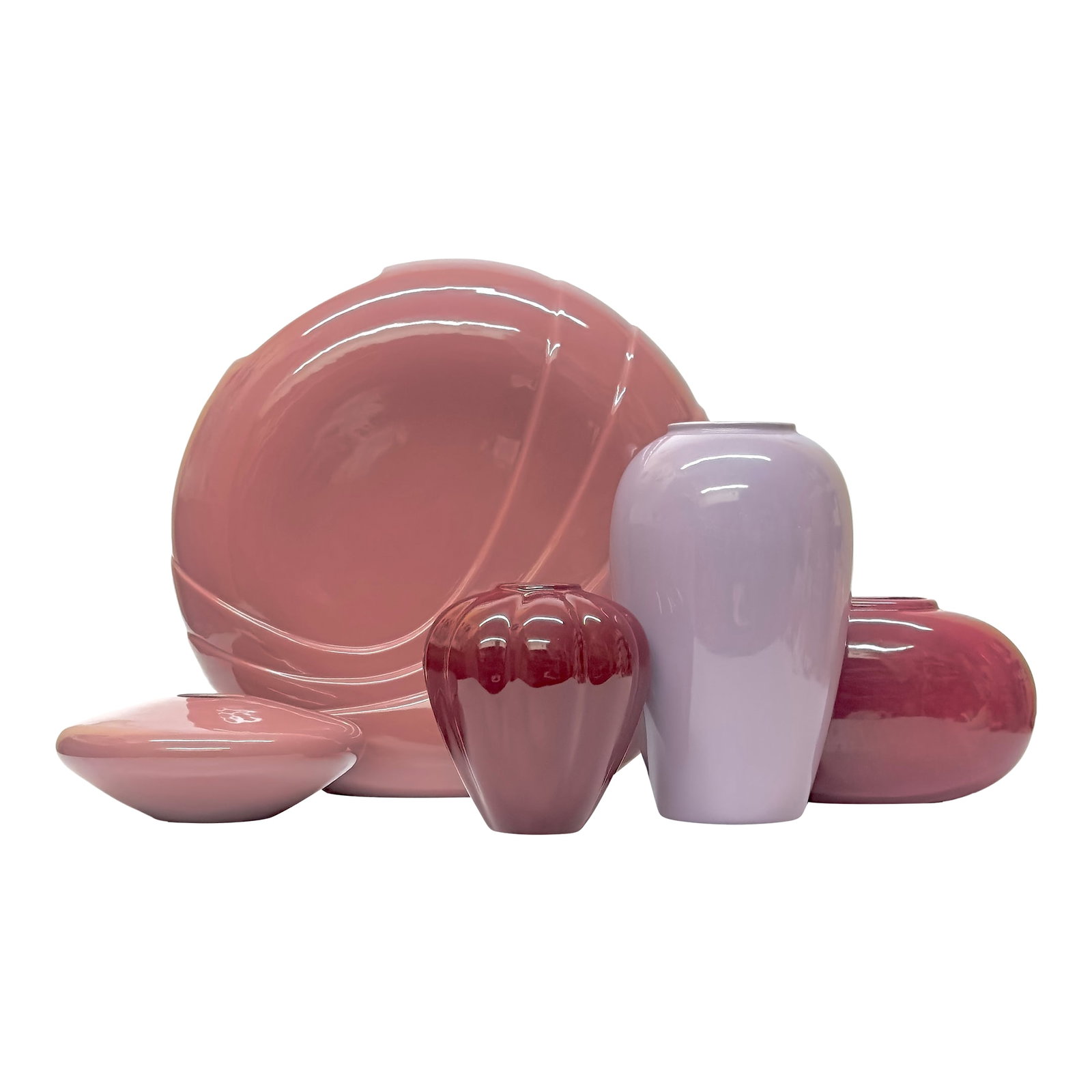 Monolithic Symphony in Mauve Lavender and Deep Cherry Vessels - Group of 5: Pink, red, and purple ceramic vessels, group of 5. A beautiful set of high 1980s mixed pink art-deco revival ceramic vases in lavender purple, mauve pink, and cherry red. Featuring Haeger pieces, made
