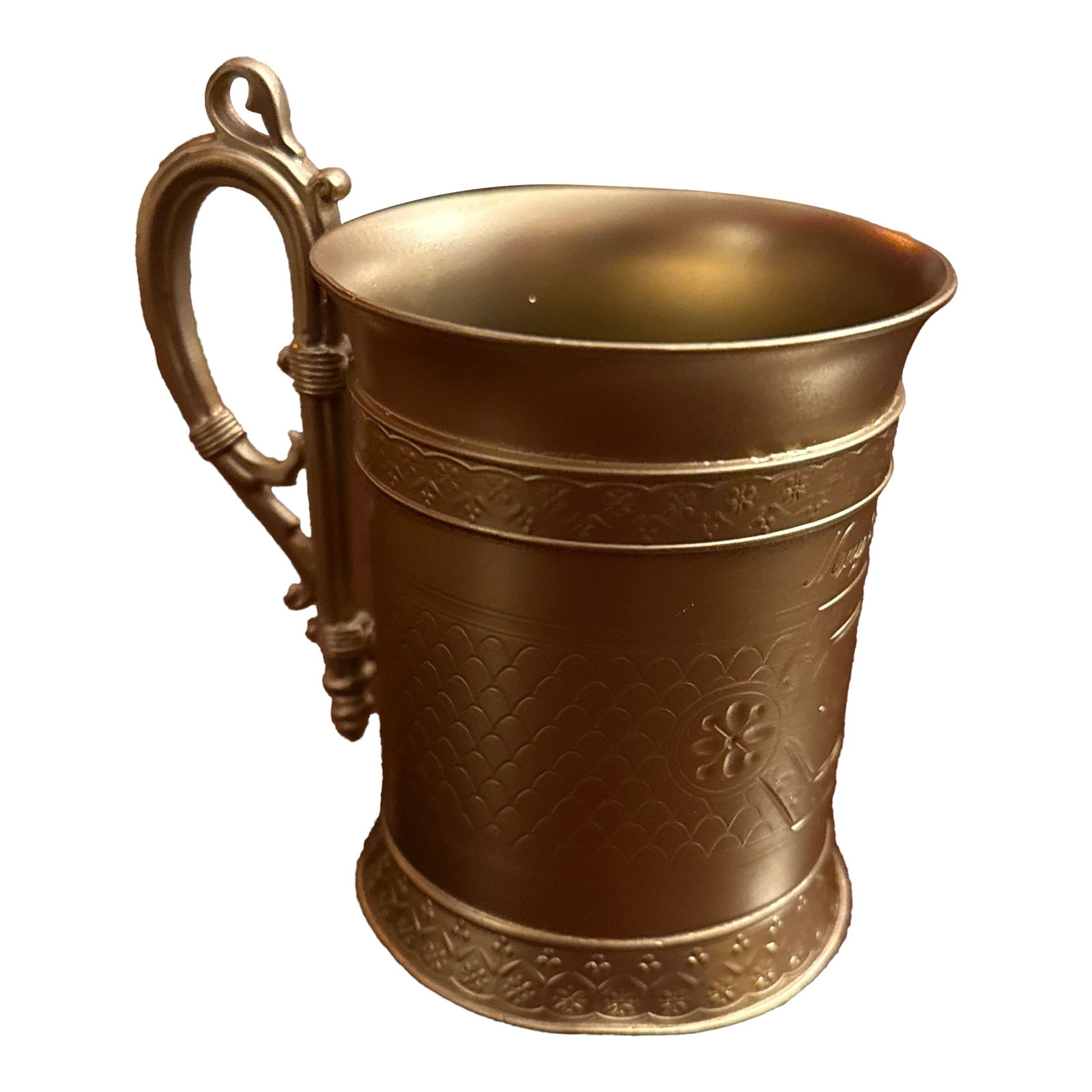 1882 Victorian Gold Cup: Antique Victorian, ornate handled cup or tankered with floral and fish skill in sized and involves decoration dated May 24, 1882 with the initial CS. Would be great in a bathroom with toothbrushes or 