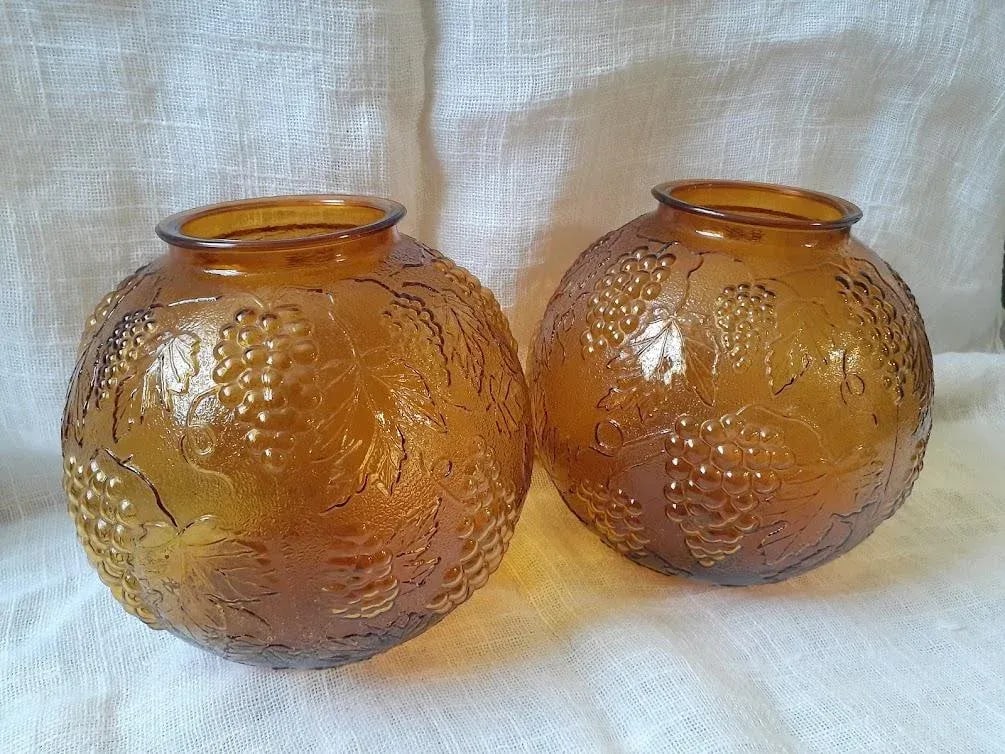 1970s Grapevine Design Amber Brown Glass Dome Light Fixtures - Pair - 12