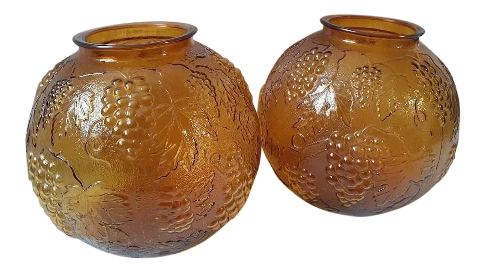 1970s Grapevine Design Amber Brown Glass Dome Light Fixtures - Pair: Pair of Vintage glass globe light fixtures from an estate in West Texas in GREAT condition! Measures approximately 8 inches with a 3 inch opening at the base. Condition: Alterations: Original Conditio