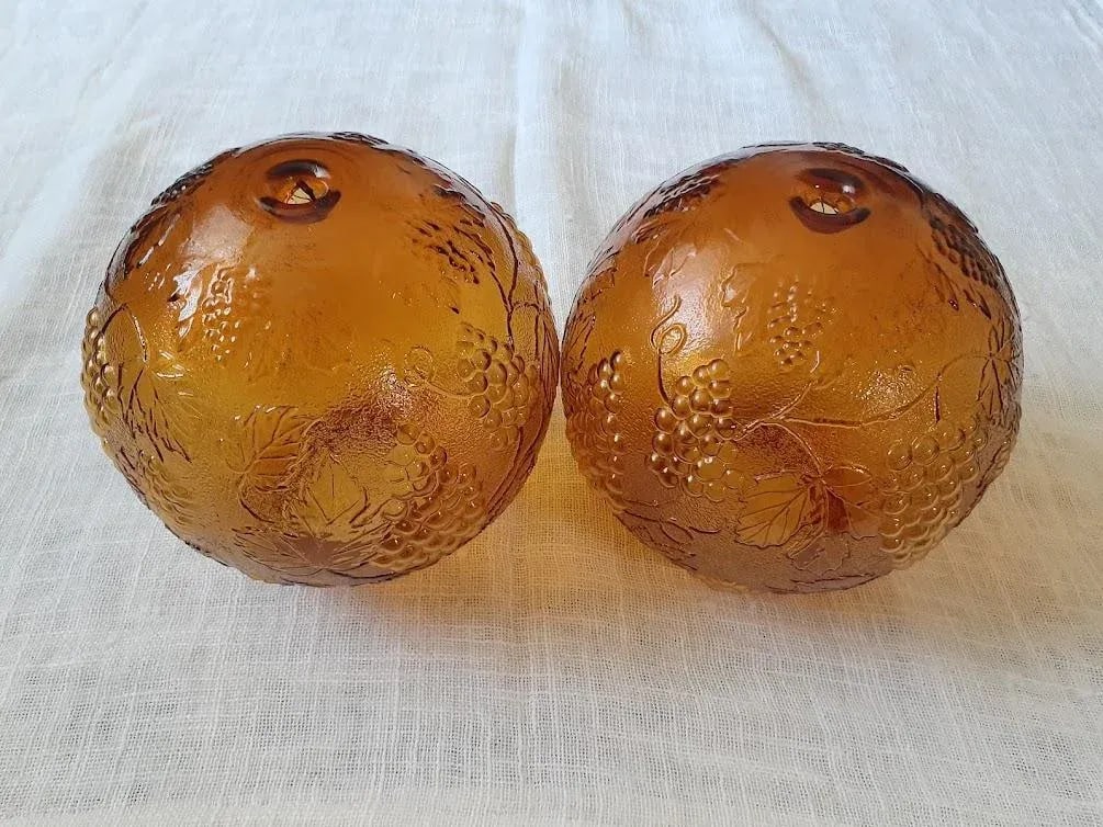 1970s Grapevine Design Amber Brown Glass Dome Light Fixtures - Pair - 2