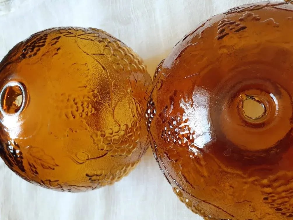 1970s Grapevine Design Amber Brown Glass Dome Light Fixtures - Pair - 4