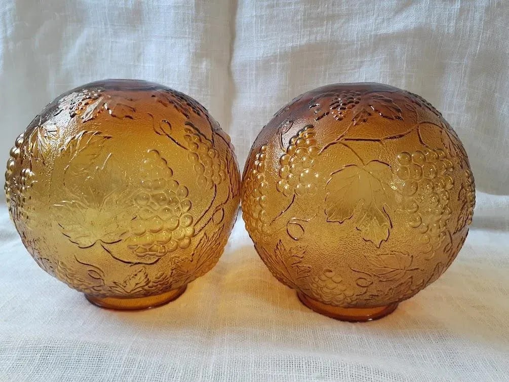 1970s Grapevine Design Amber Brown Glass Dome Light Fixtures - Pair - 6