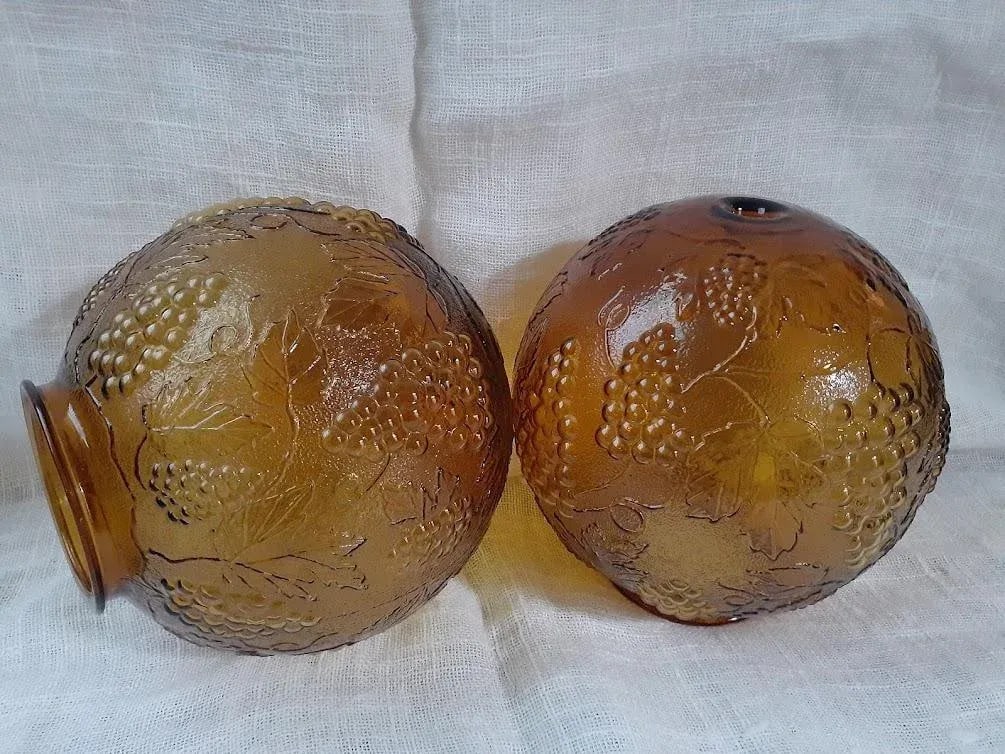 1970s Grapevine Design Amber Brown Glass Dome Light Fixtures - Pair - 7