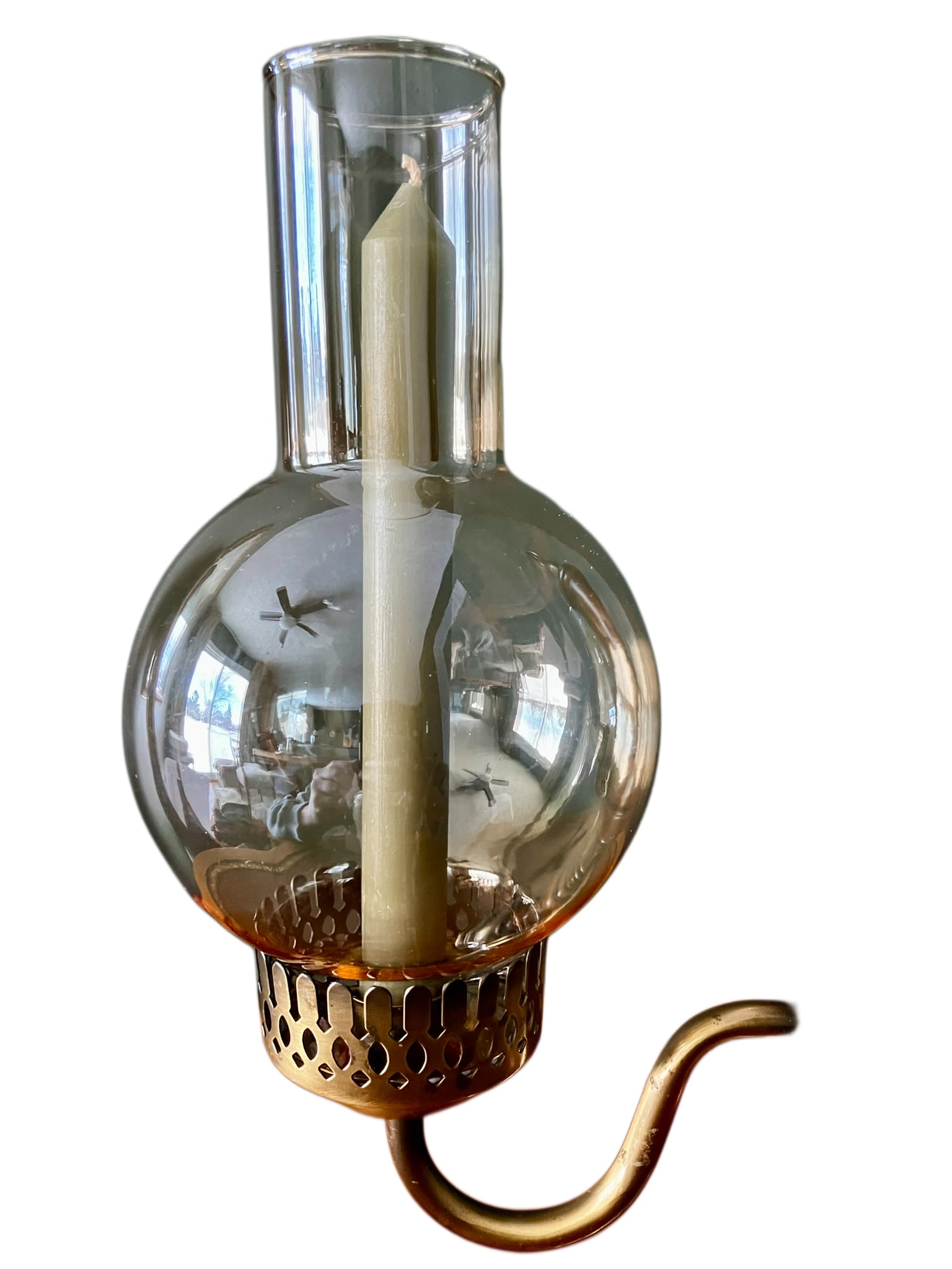 Vintage Brass and Wood Candelabra With Two Hurricane Glass Shades - 10