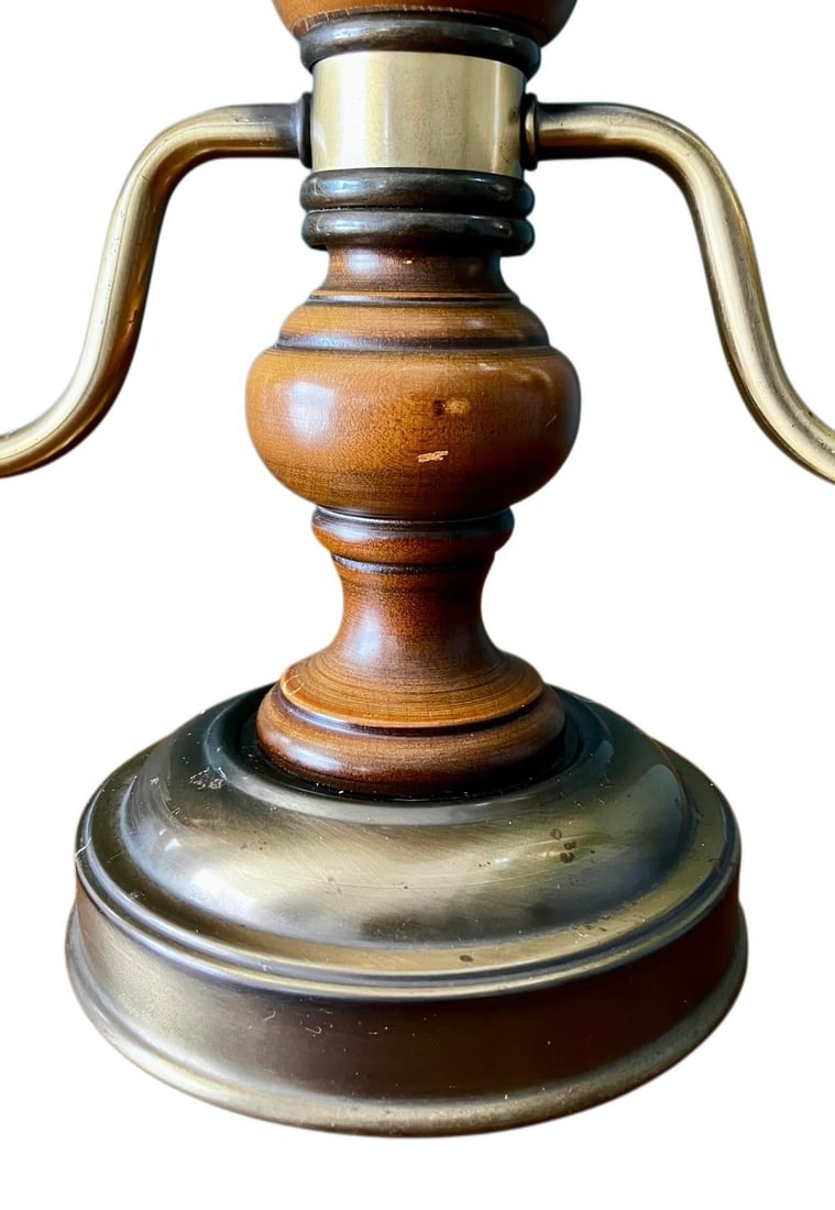 Vintage Brass and Wood Candelabra With Two Hurricane Glass Shades - 11