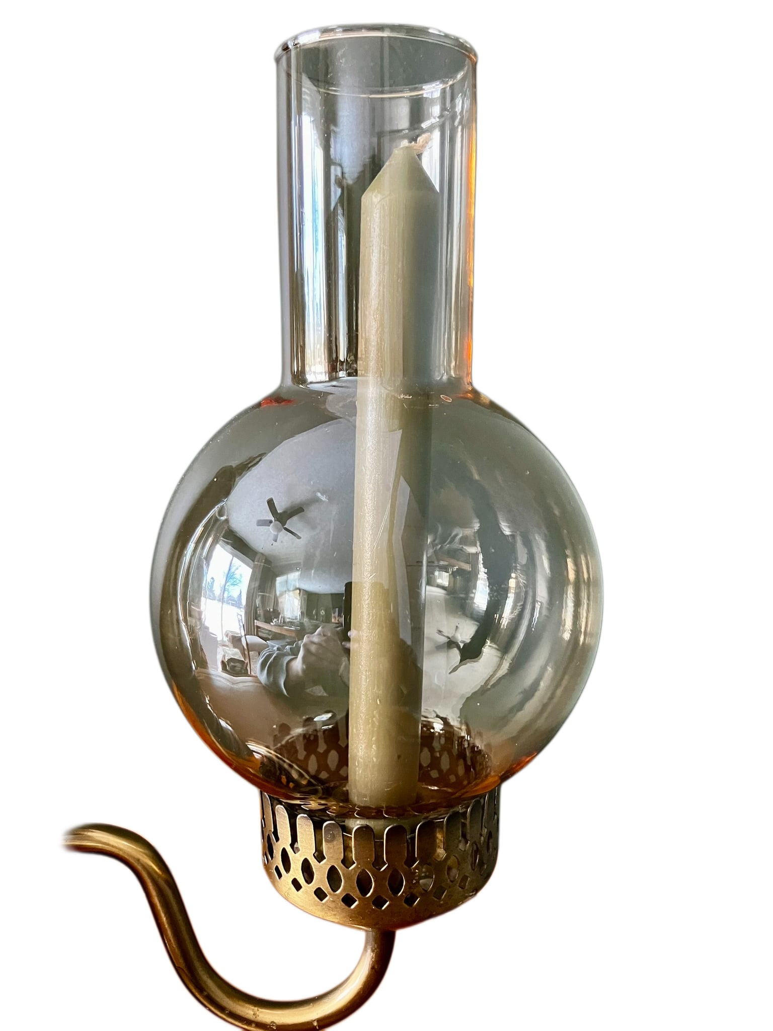 Vintage Brass and Wood Candelabra With Two Hurricane Glass Shades - 12