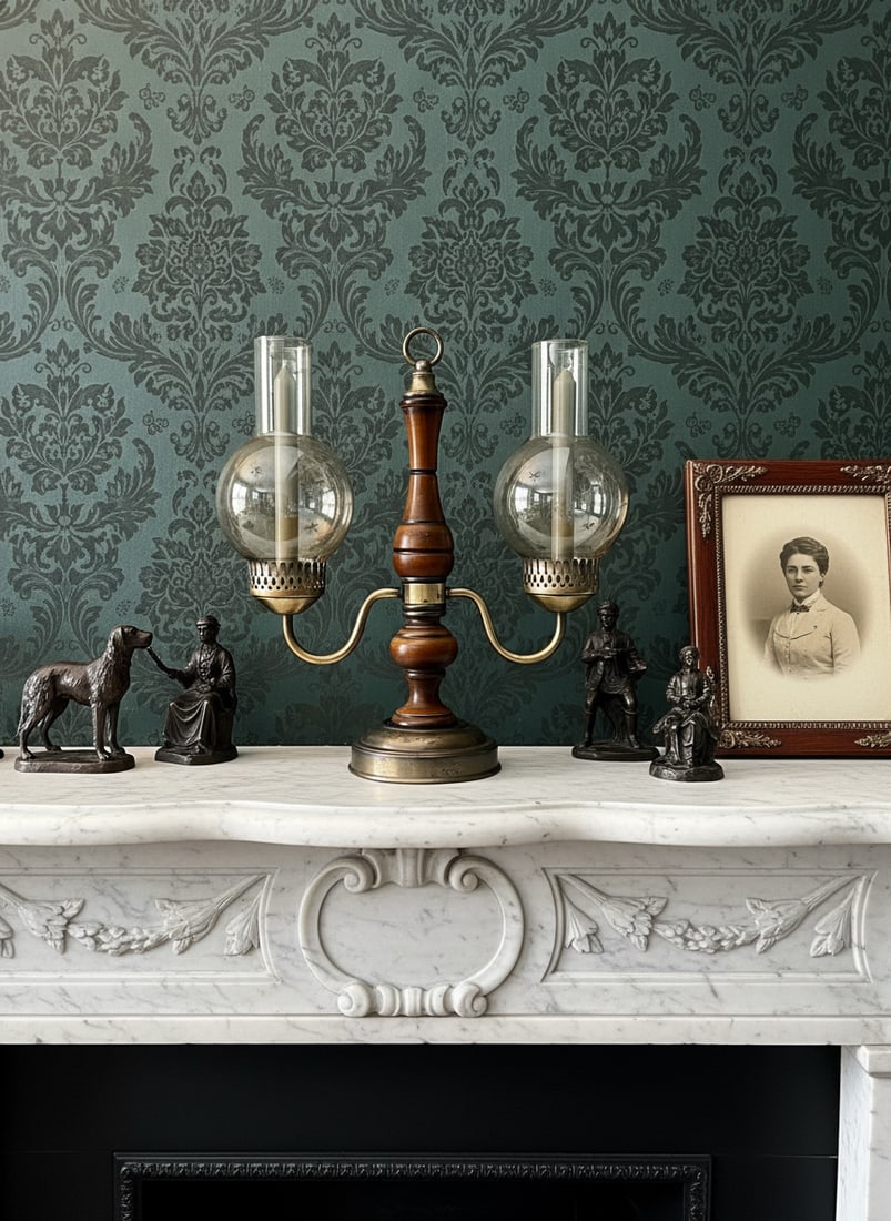 Vintage Brass and Wood Candelabra With Two Hurricane Glass Shades - 2