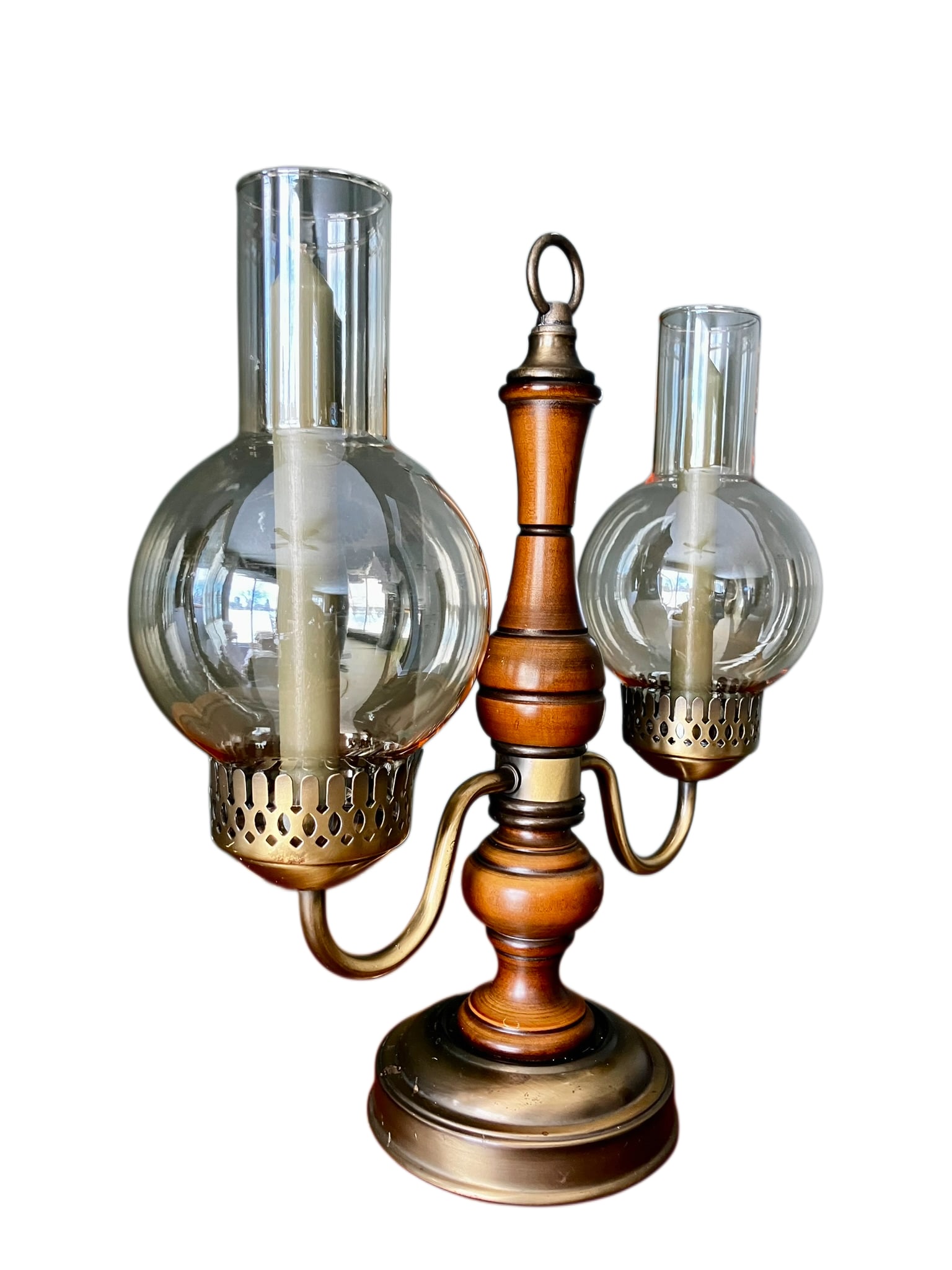 Vintage Brass and Wood Candelabra With Two Hurricane Glass Shades - 4