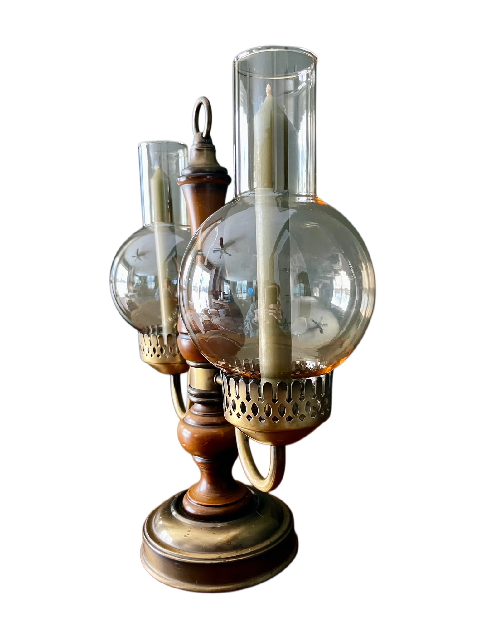 Vintage Brass and Wood Candelabra With Two Hurricane Glass Shades - 5