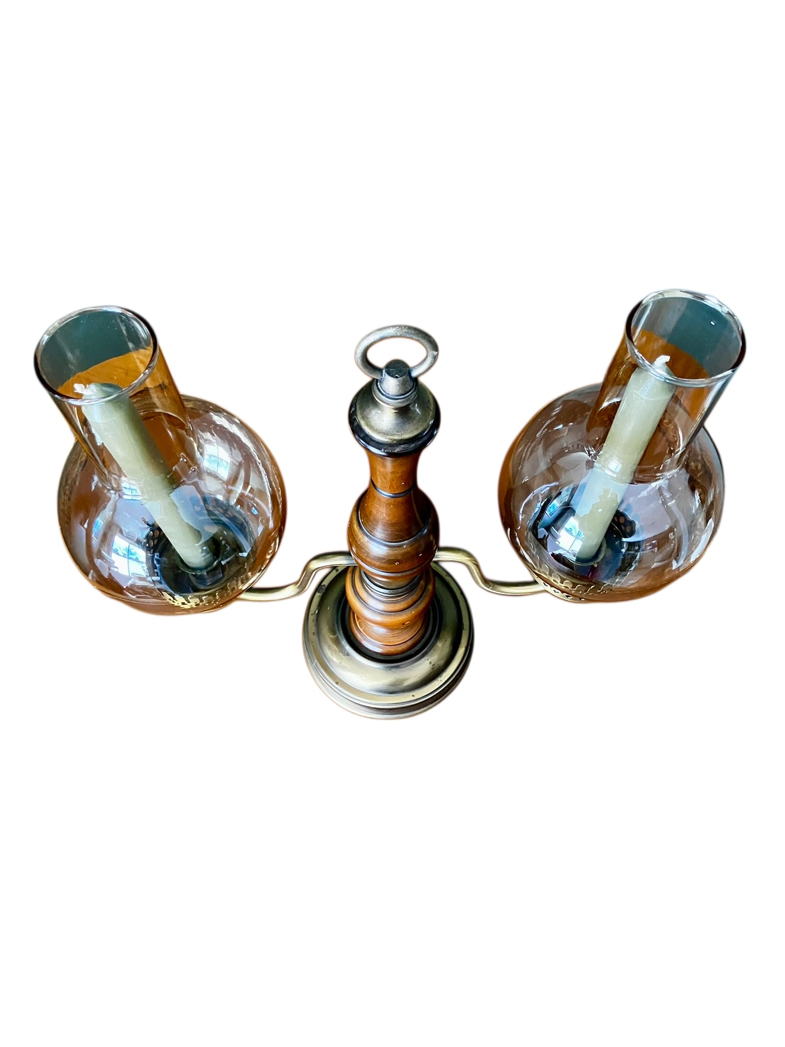 Vintage Brass and Wood Candelabra With Two Hurricane Glass Shades - 6