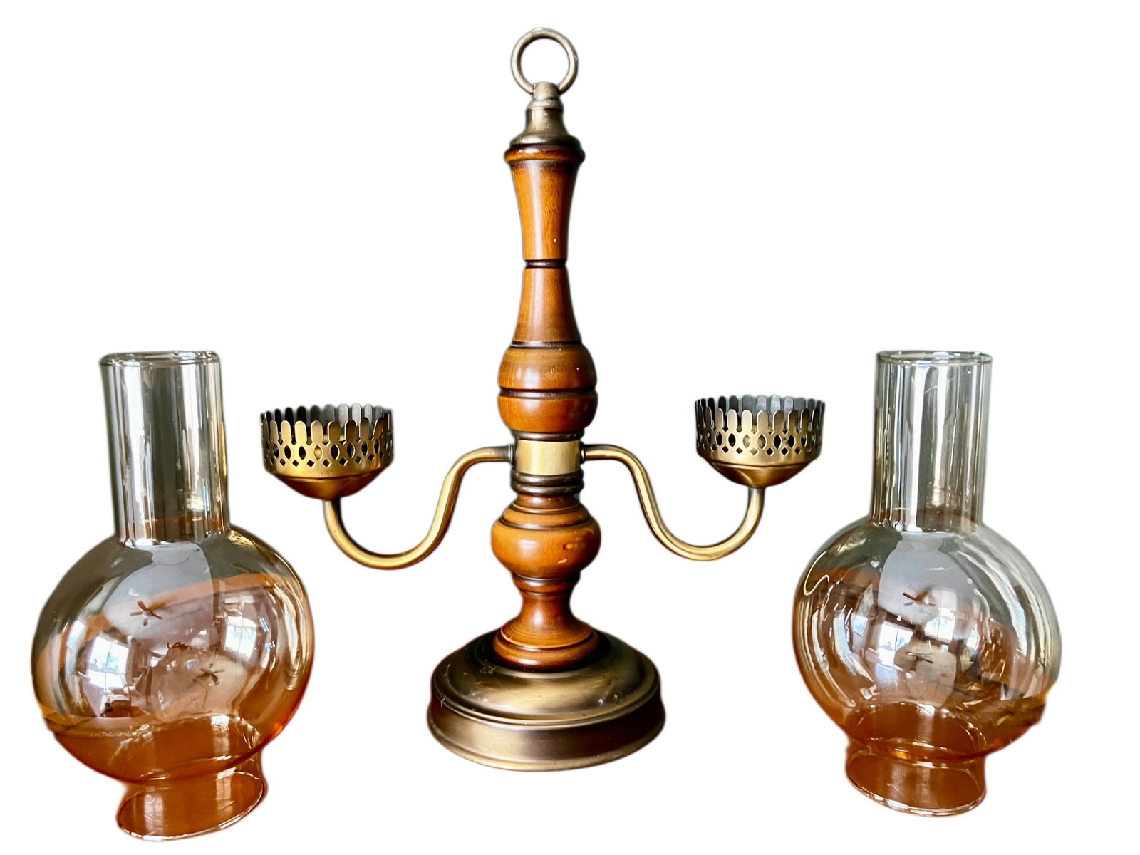 Vintage Brass and Wood Candelabra With Two Hurricane Glass Shades - 7