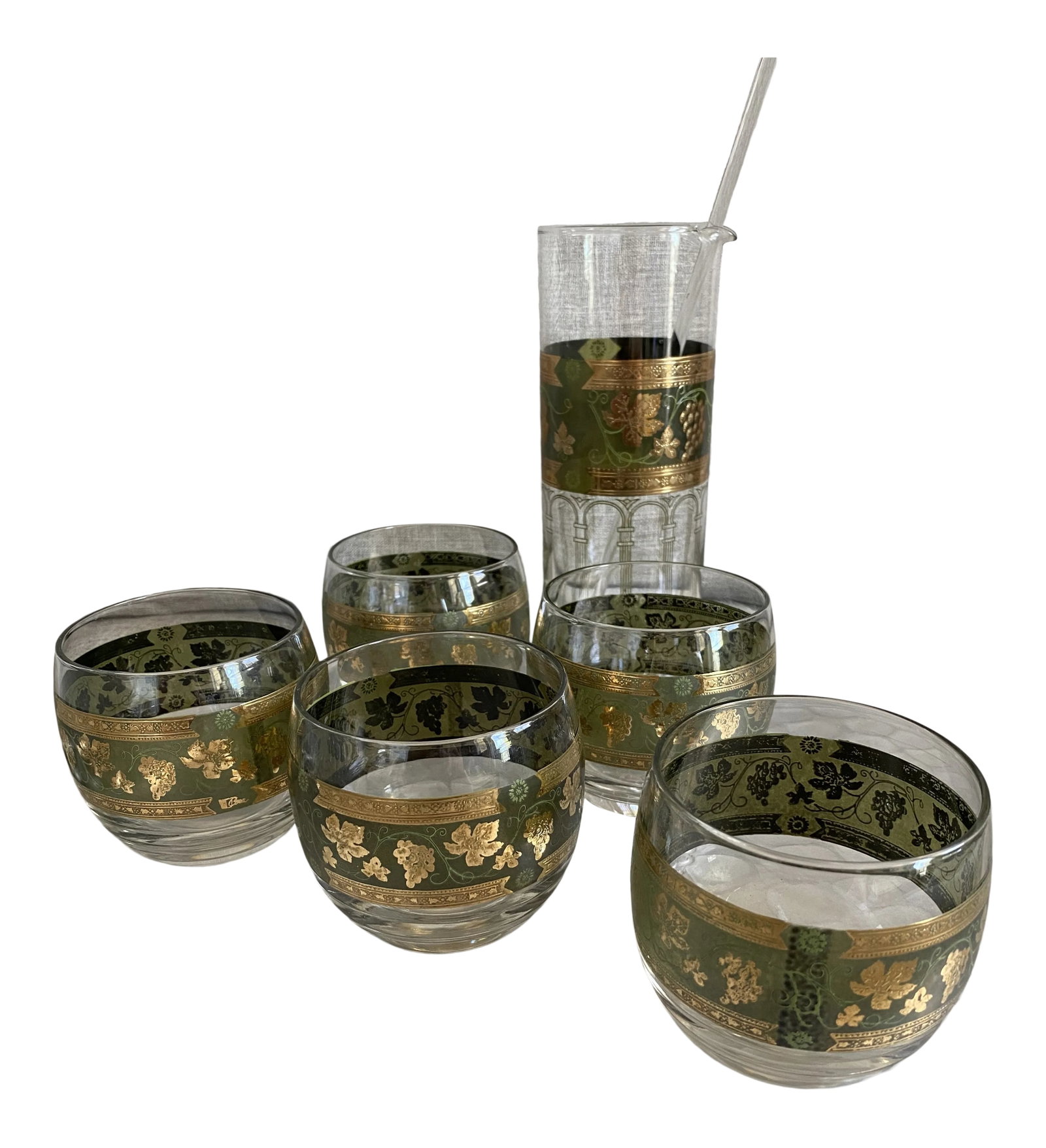 1950s Cera Glass Golden Grapes Hollywood Regency Barware Set- 7 Pieces: Beautiful Hollywood Regency signed Cera glassware. 5 roly poly glasses, martini pitcher with glass stir stick. Condition: Alterations: Original Condition Unaltered Imperfections: Some Imperfections