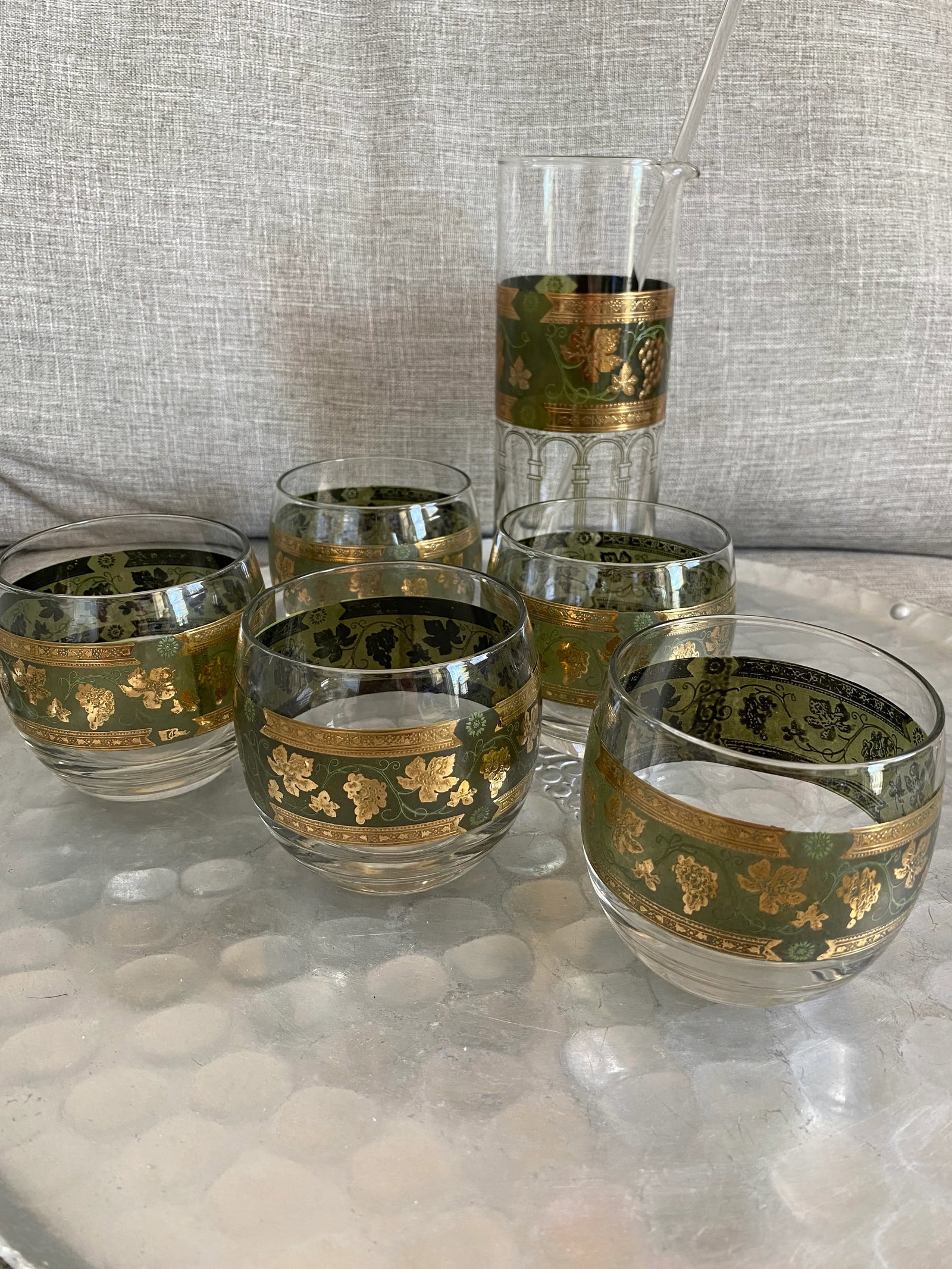 1950s Cera Glass Golden Grapes Hollywood Regency Barware Set- 7 Pieces - 2
