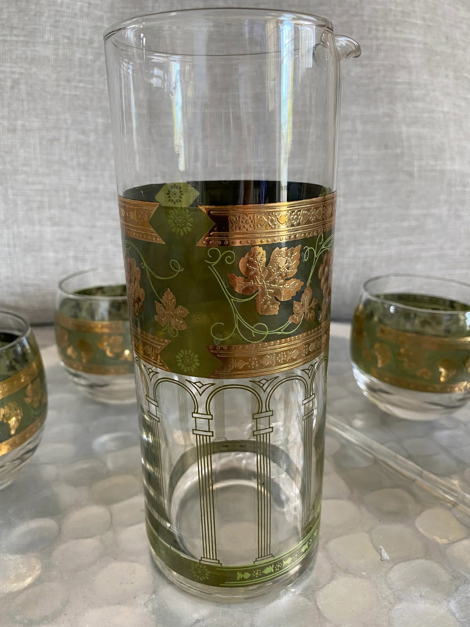 1950s Cera Glass Golden Grapes Hollywood Regency Barware Set- 7 Pieces - 3