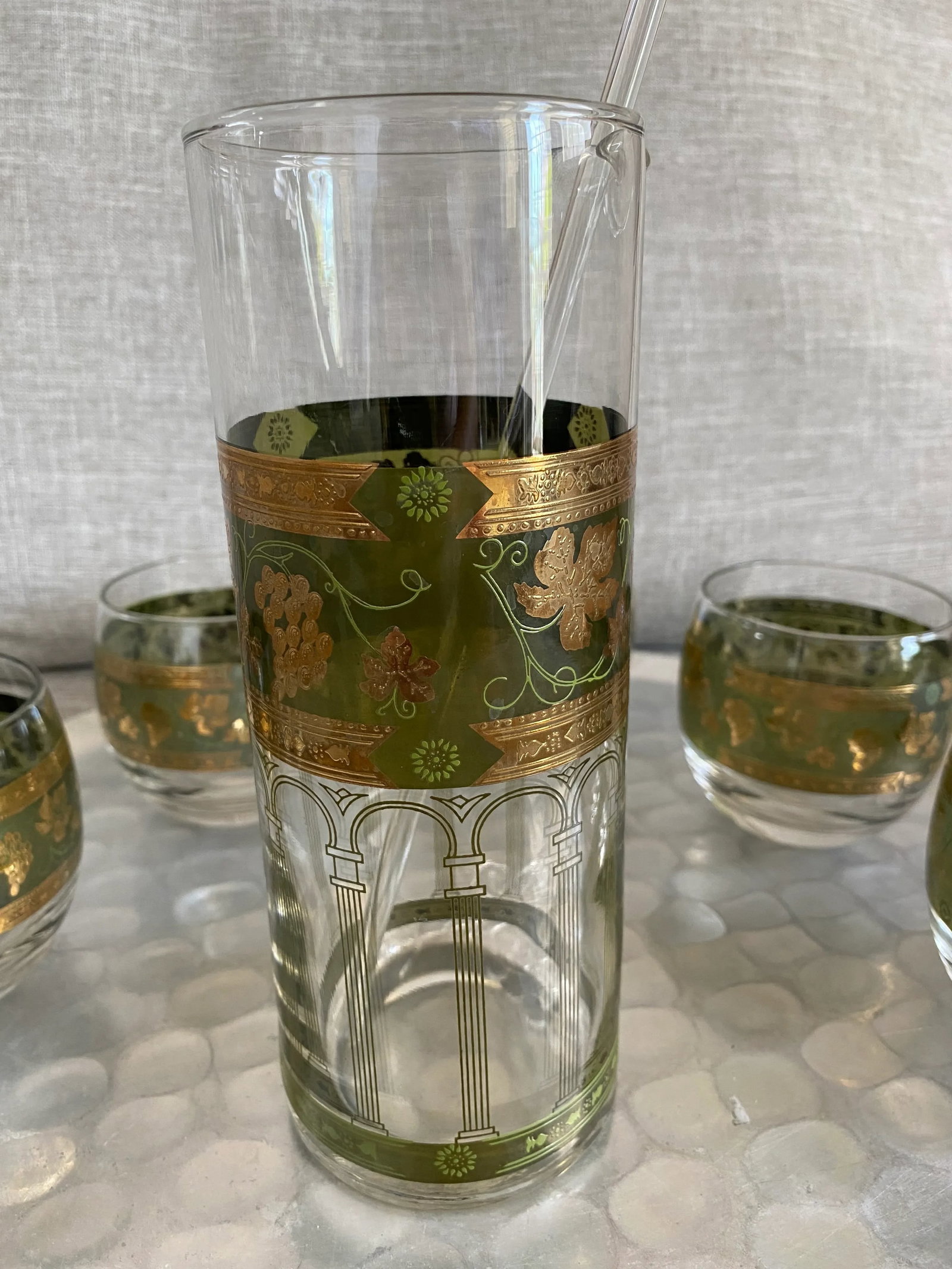 1950s Cera Glass Golden Grapes Hollywood Regency Barware Set- 7 Pieces - 6